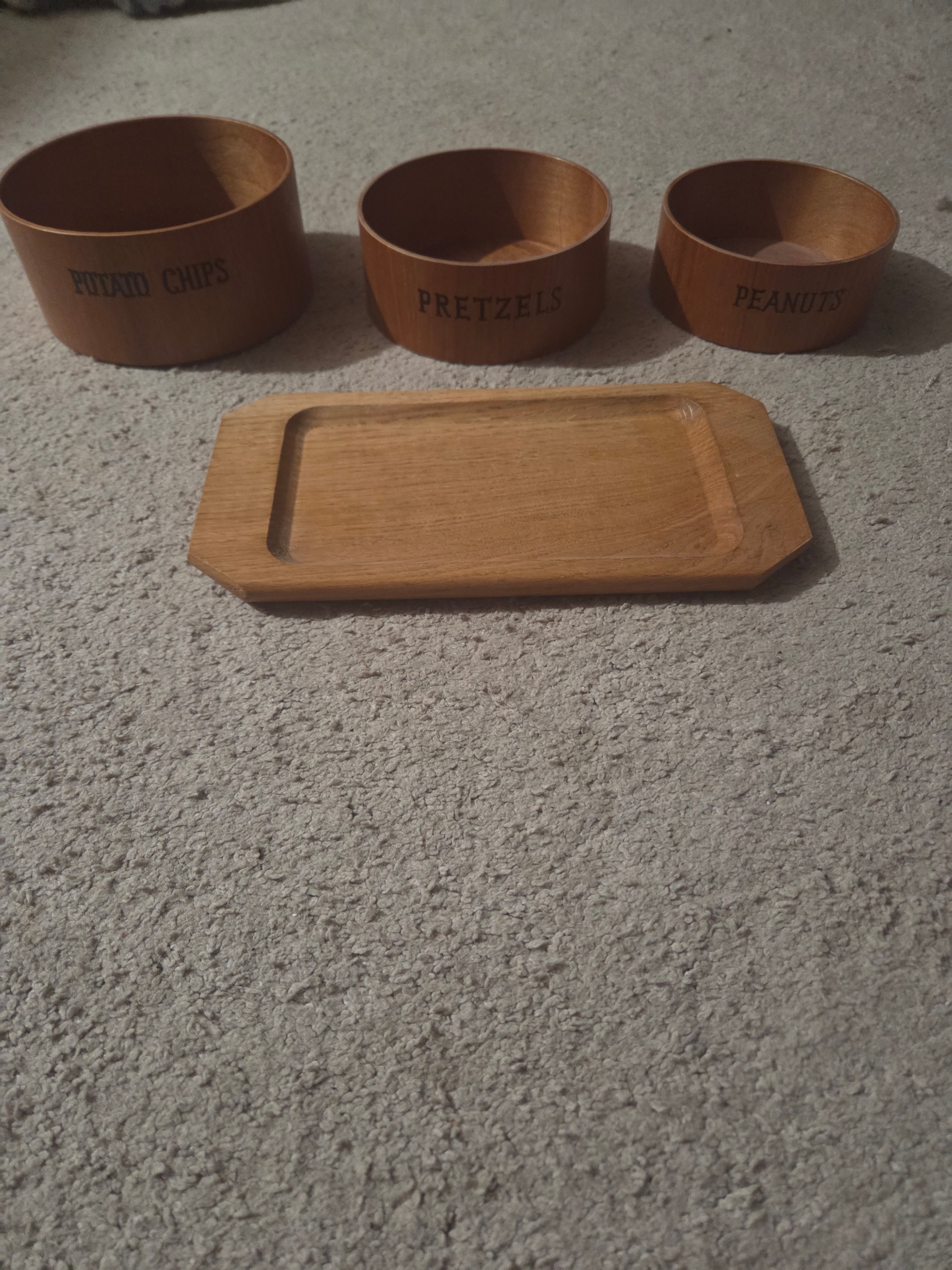Vintage Wood Snack Bowl Set & Tray, Potato Chips Pretzels Peanut