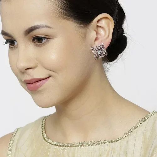 Square Stud Earrings with White Crystals - photo 4