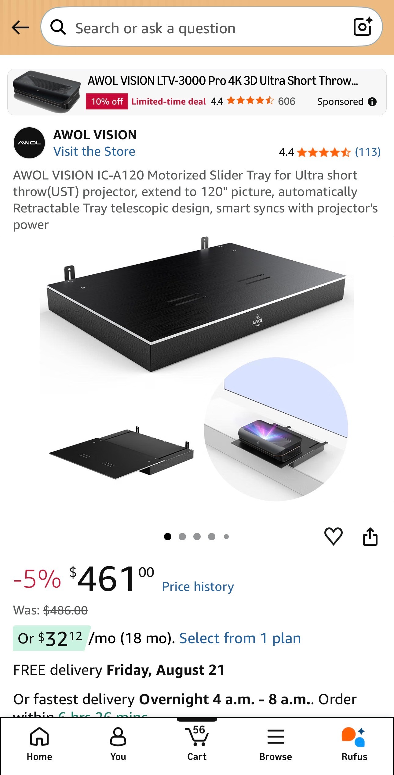 Motorized Slider Tray for UST projector extend to 120" Retractab