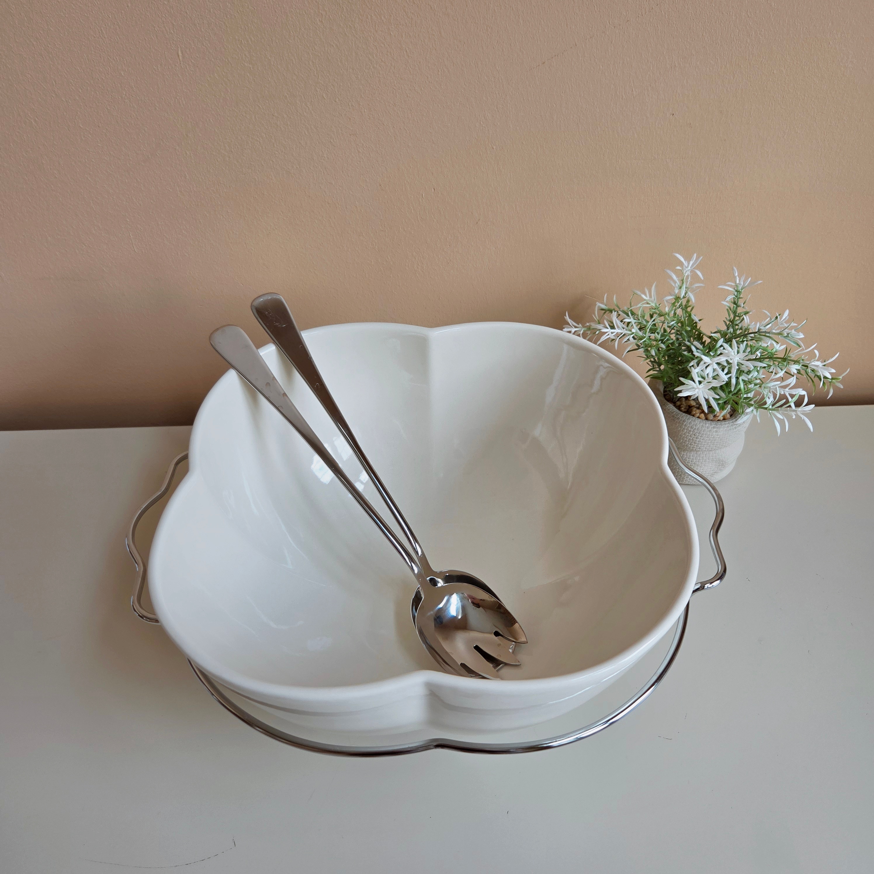 Godinger - Porcelain Salad Bowl + Rack & Servers - Pre-Loved! 🥗