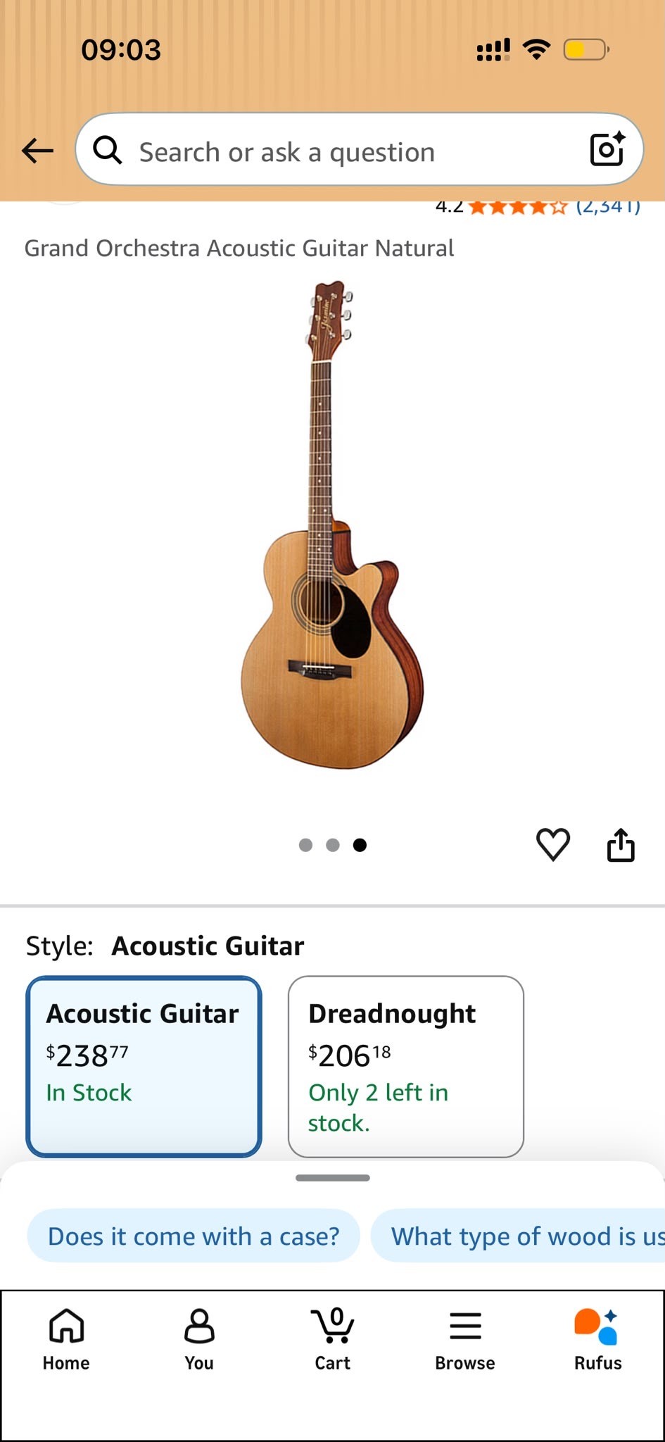 S34C Jasmine Grand Orchestra Acoustic Guitar – Natural + Capo