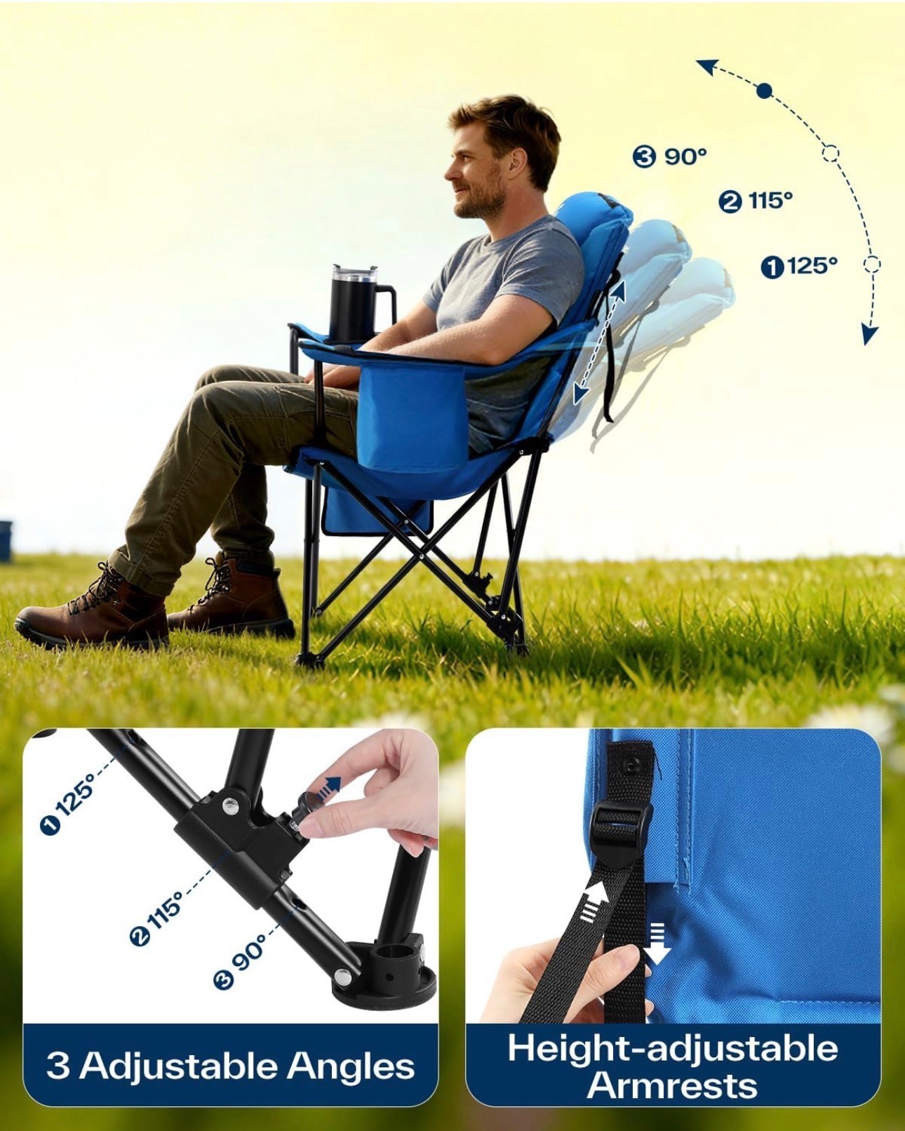 Outdoor Chair Adjustable Backrest Cup Holder Cooler Bag Oversize