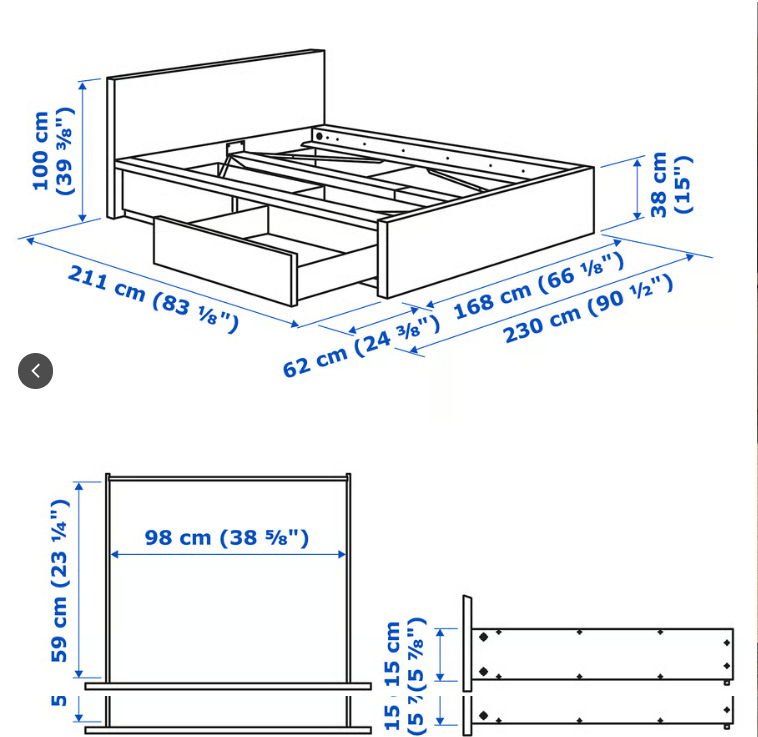 IKEA MALM High Bed Frame, Queen Size w/ 4 Storage Boxes