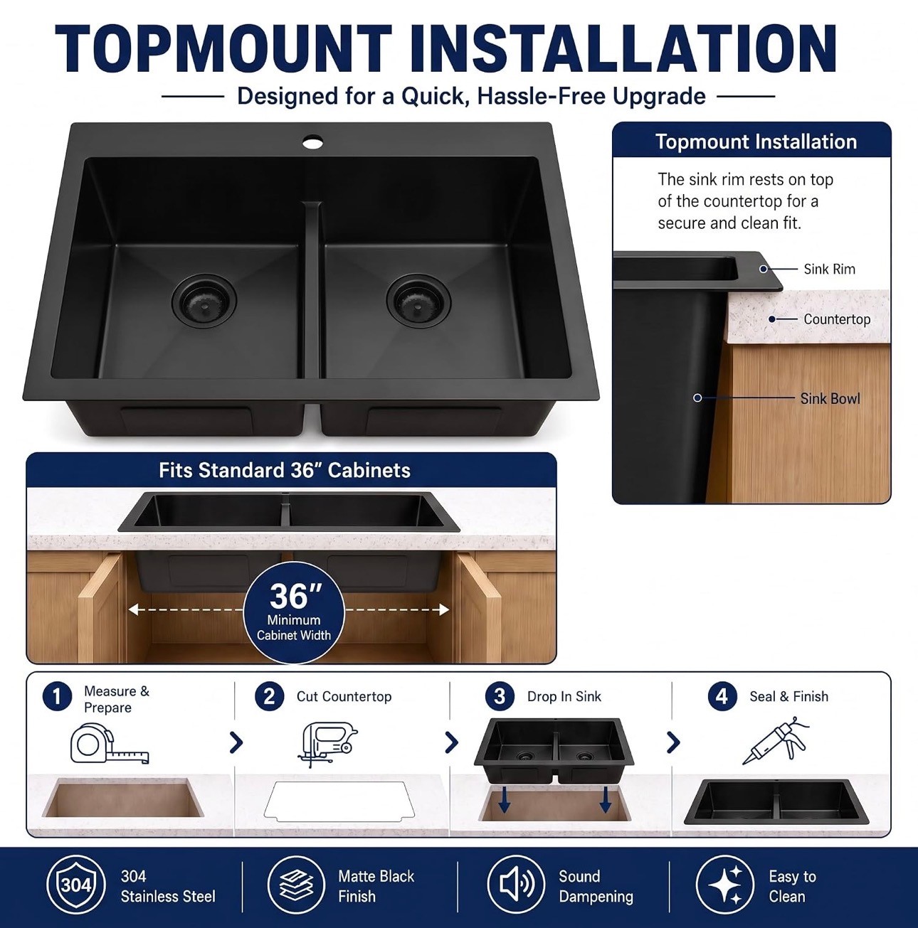 Black Double Bowl Kitchen Sink 50/50 33" x 22" 16 Gauge Stainles - photo 5