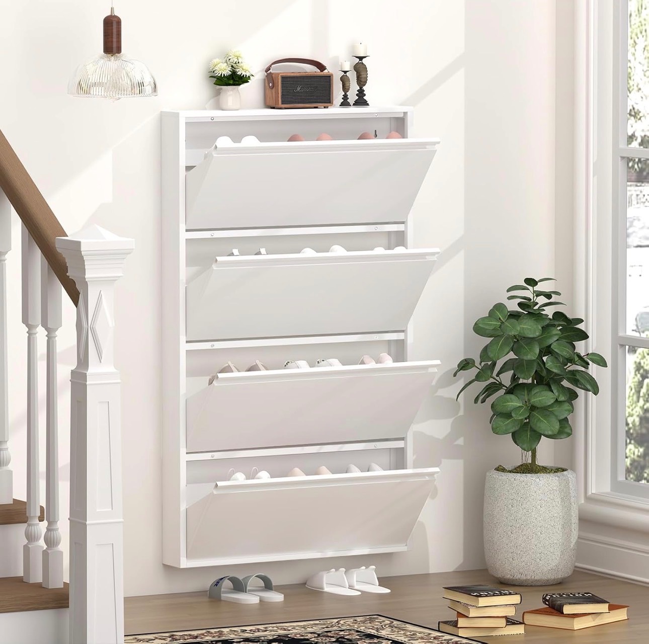 Sleek Metal Shoe Cabinet with 4 Flip Drawers Wall Mount Organize - photo 2