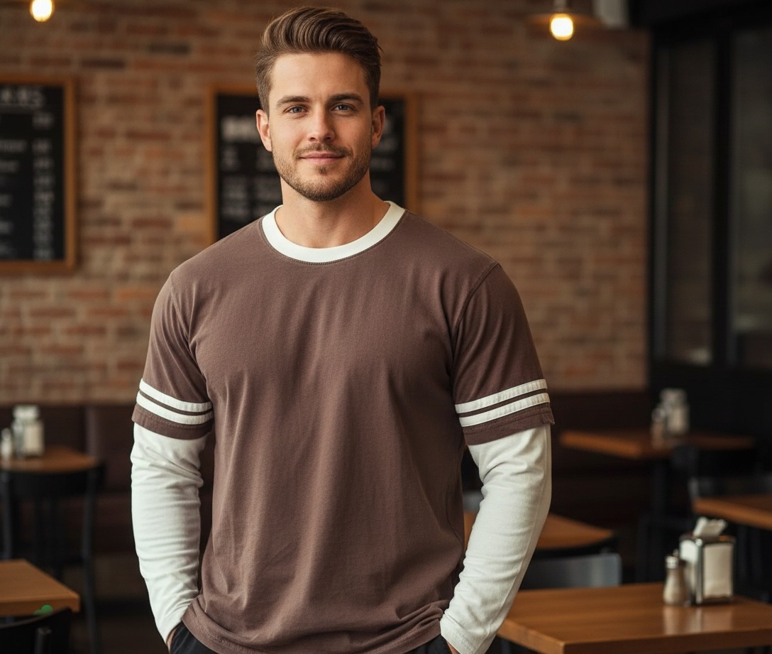 MEN'S BROWN LONG-SLEEVE T-SHIRT WITH WHITE SLEEVES (XL) - photo 2