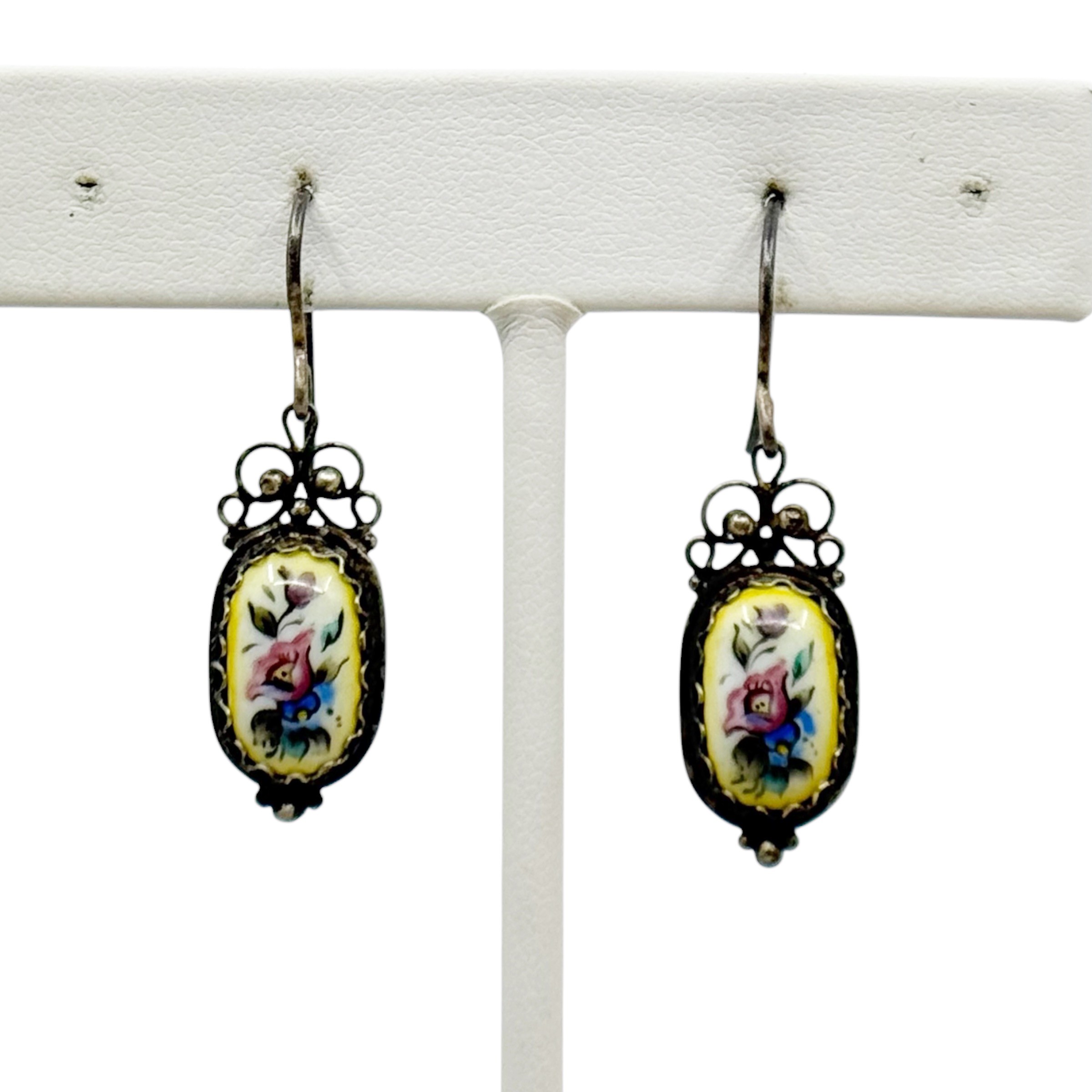 Vintage USSR Russian silver plated Hand Painted enamel earrings