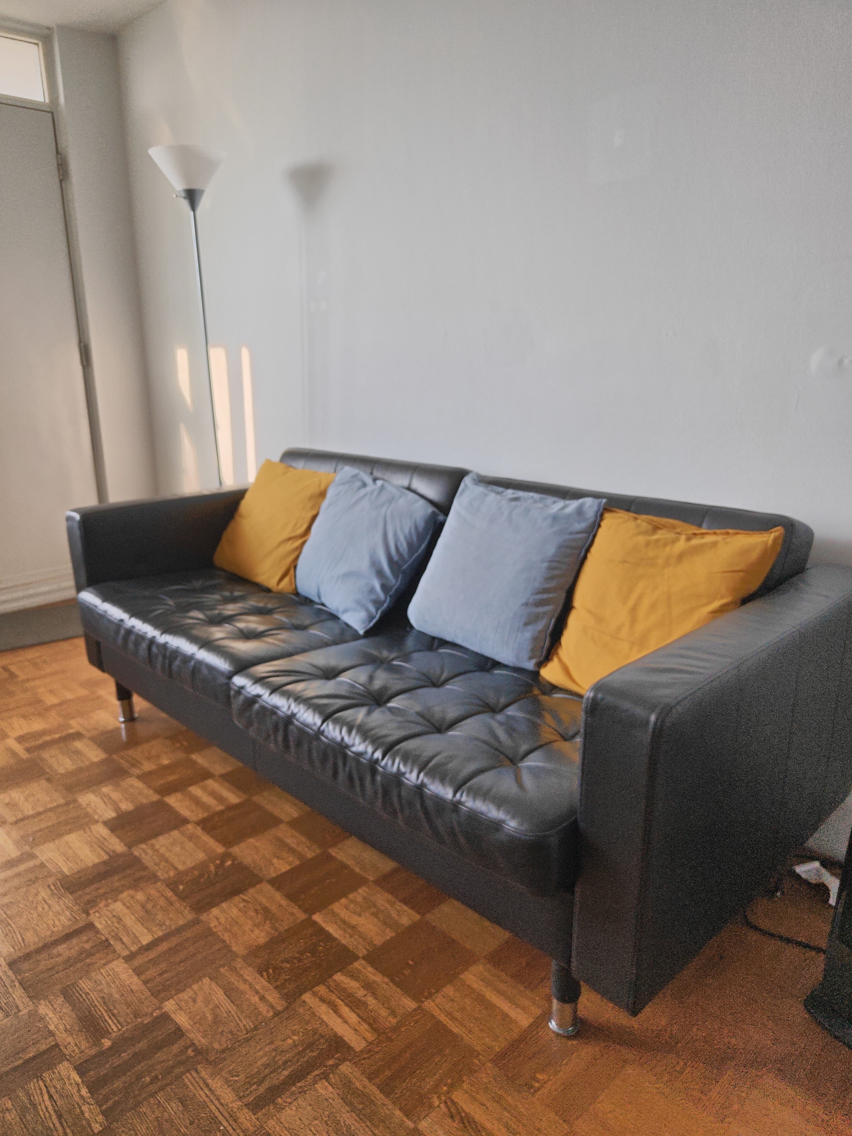 IKEA MORABO 3-Seat Leather Sofa – Black / Chrome Metal Legs