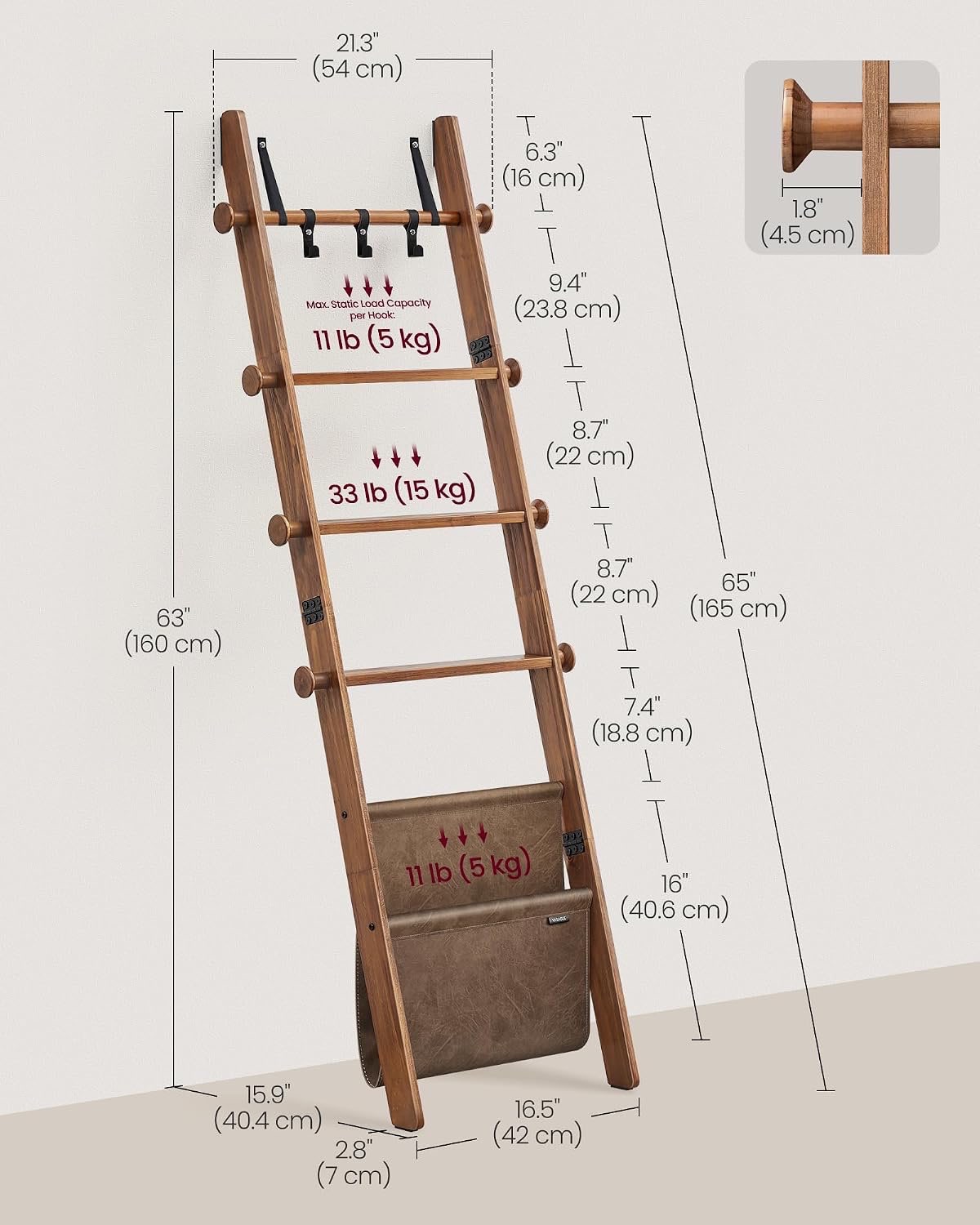 5 Level Wooden Blanket Ladder, Leather Basket - photo 2