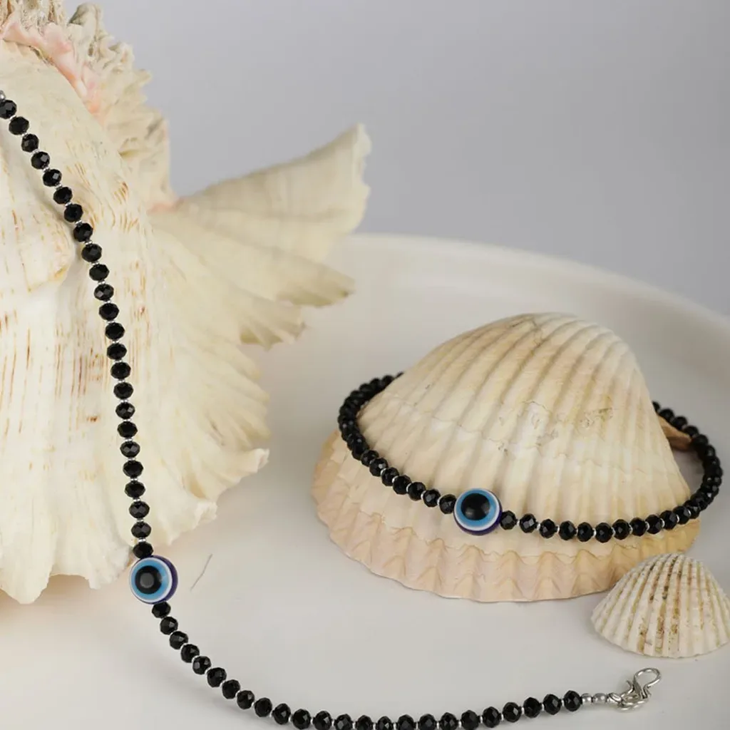 Black Beaded Evil Eye Anklets (Pair)