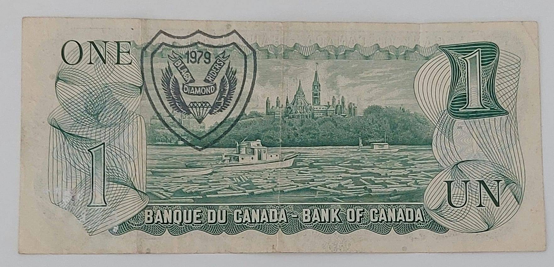 1973 Canadian $1 Note with Black Diamond Riders (BDR) 1979 Stamp - photo 3