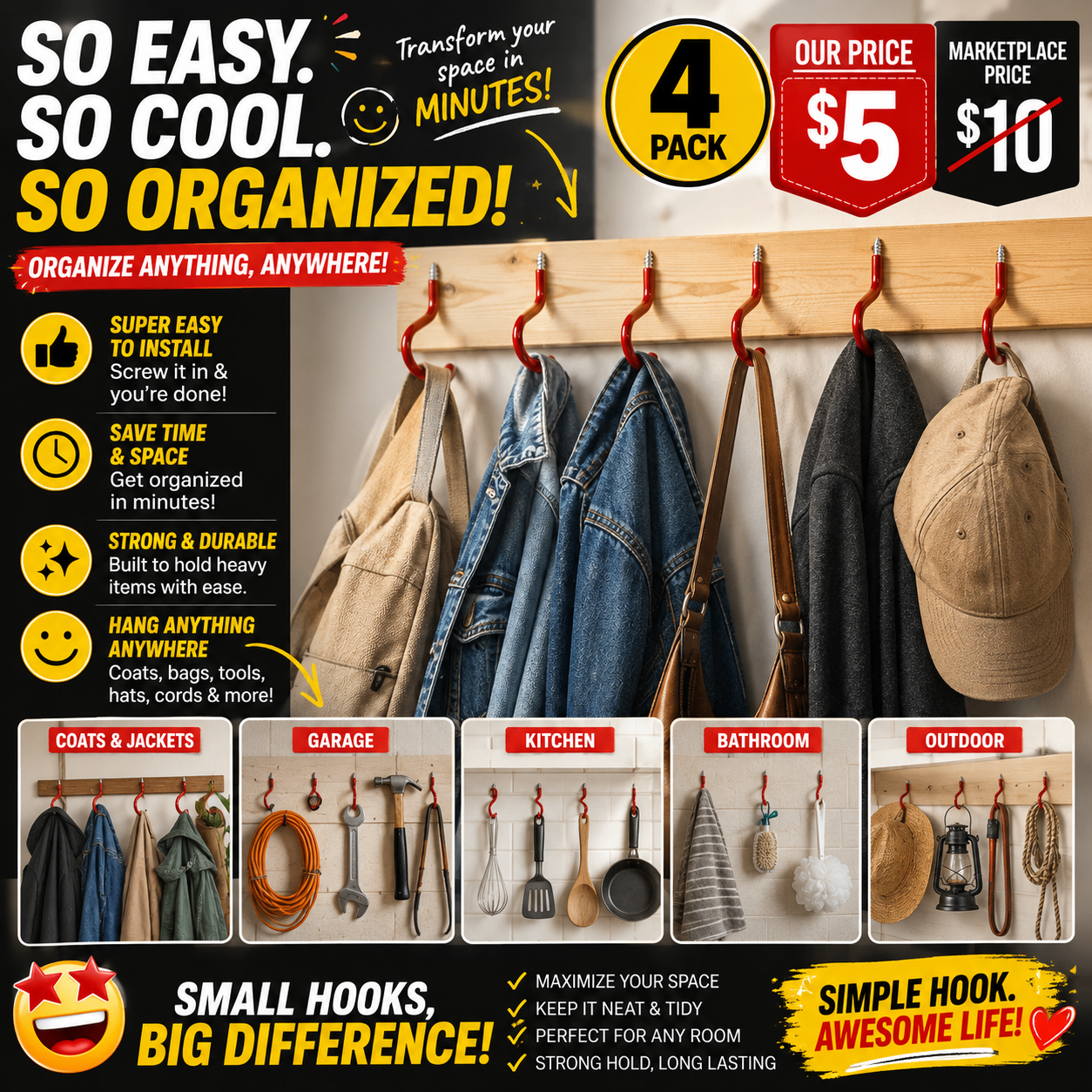 **Heavy Duty Storage Hooks 4-Pack | Tools, Coats & More | - photo 3