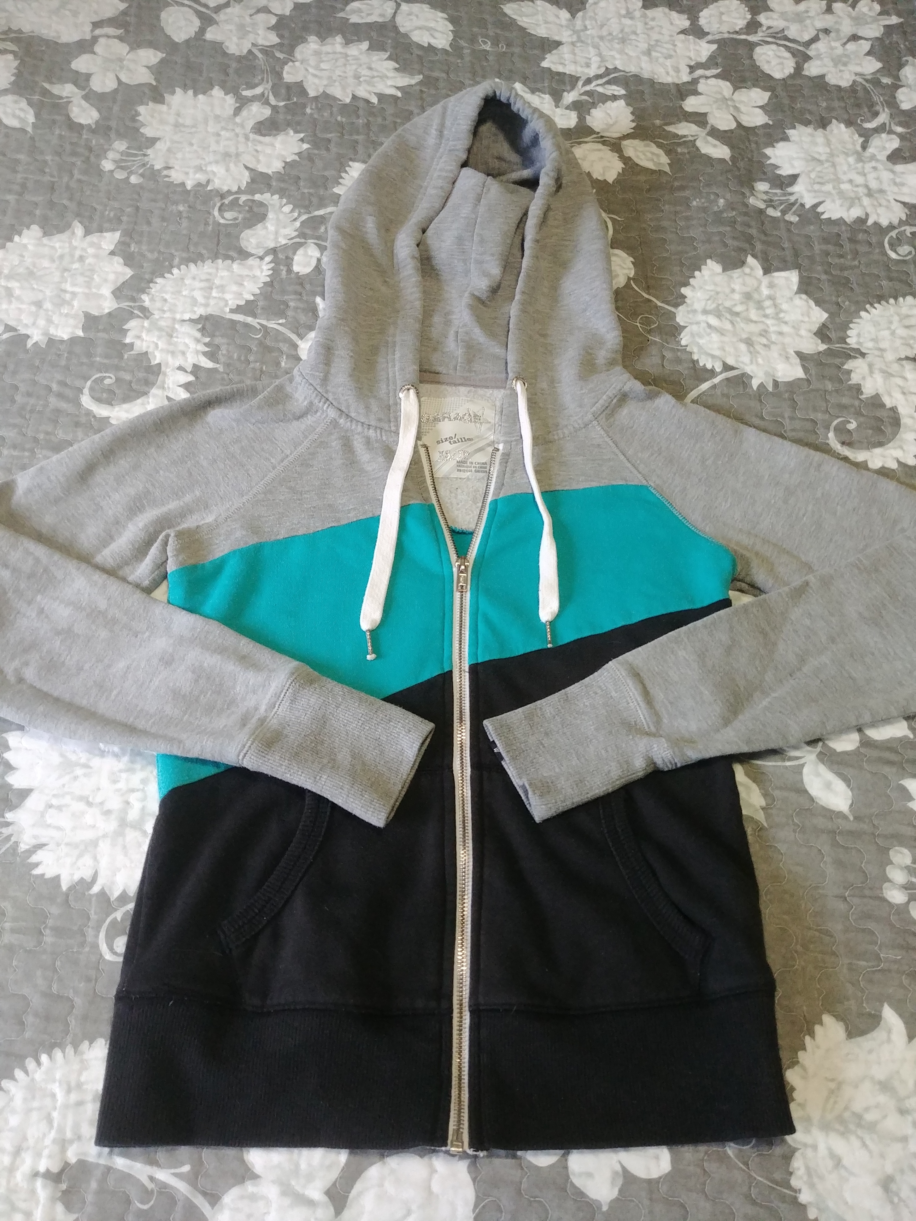 Garage Hoodie, XS ,Grey, Aqua & Black ,Draw String