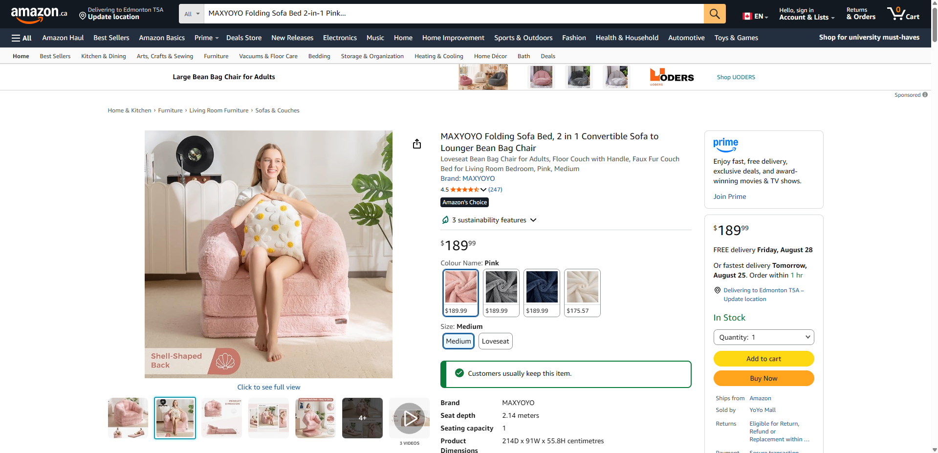 MAXYOYO Folding Sofa Bed 2-in-1 Pink