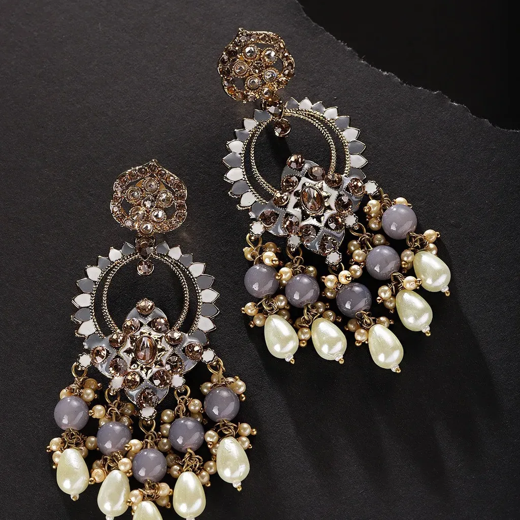 Chandelier Earrings - Grey Pearl & Gold Tone
