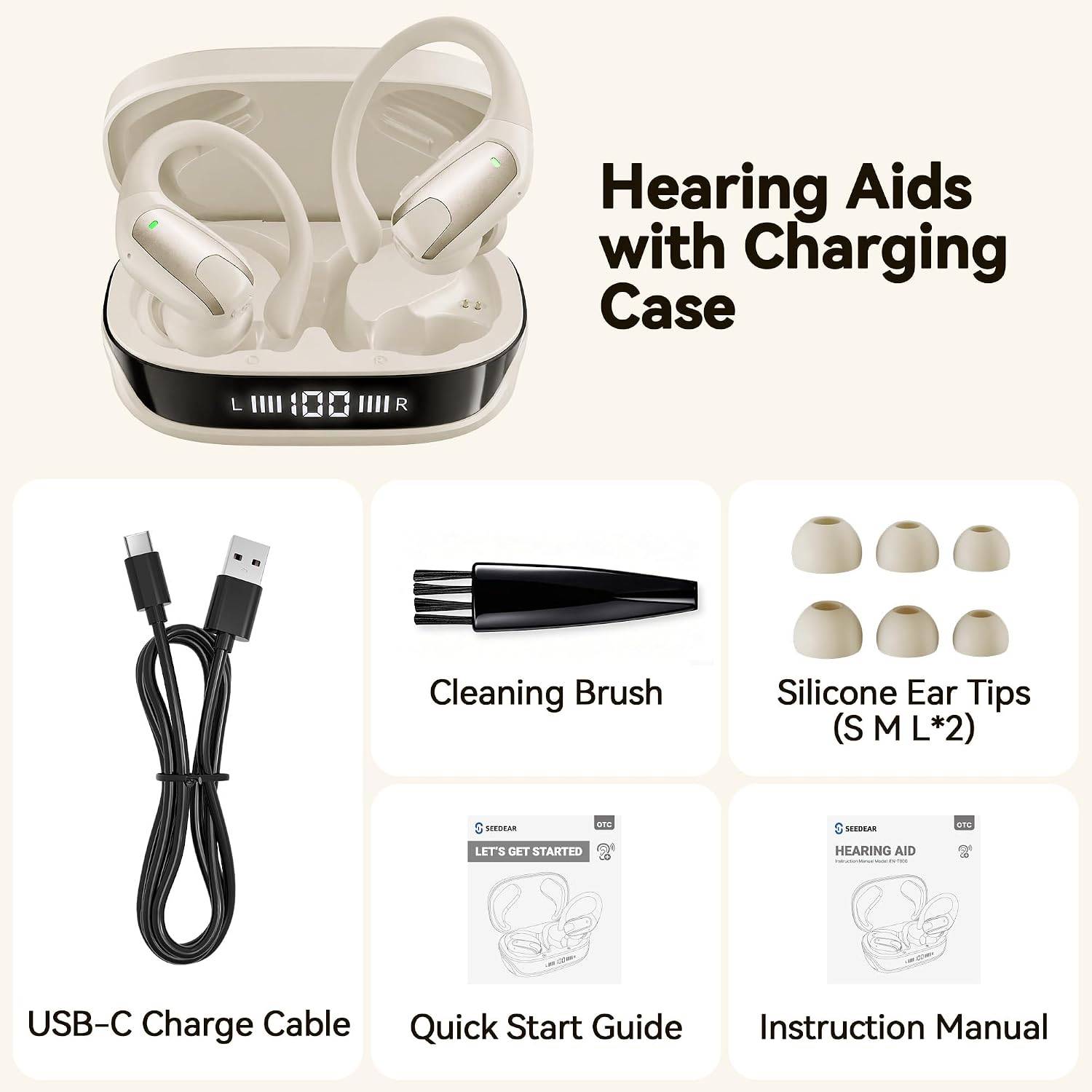 NEW~ OTC Rechargeable Hearing Aids, Noise Reduction, Cream - photo 2