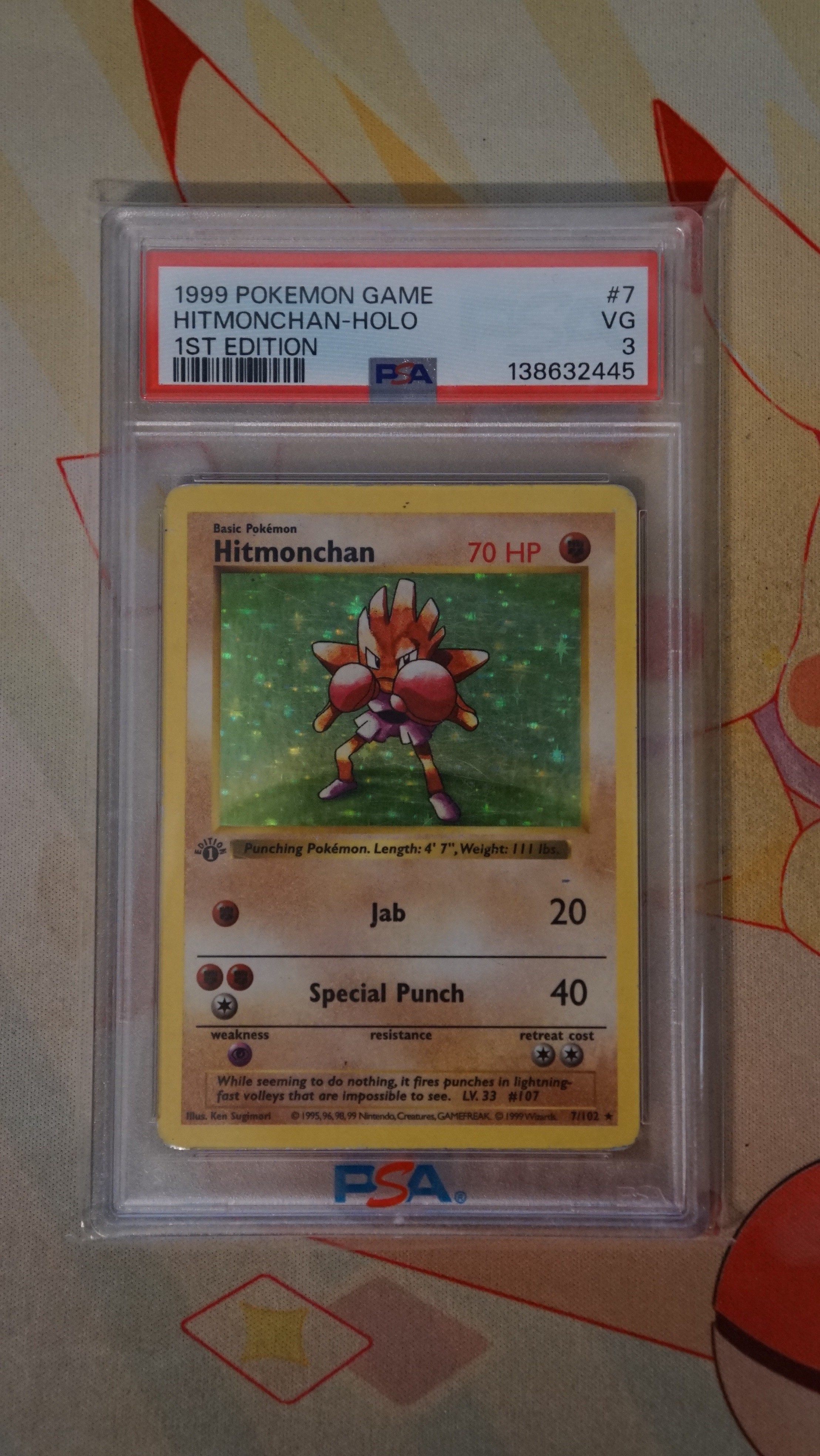 PSA 3 Hitmonchan 7/102 1st Edition Holo Base Set 1999 Pokemon Ce
