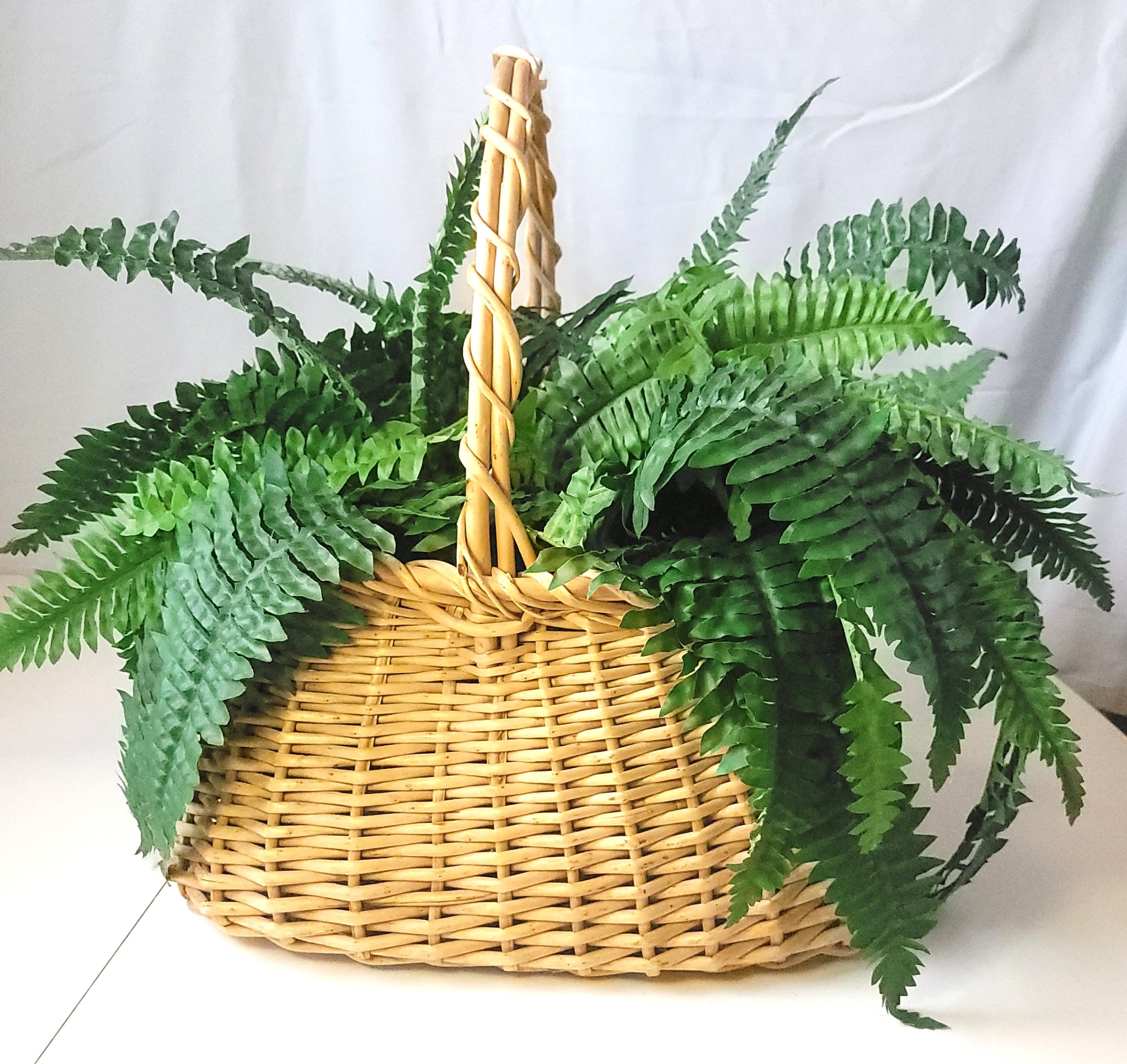 1980s Woven Wicker Basket with Faux Fern Plant Bentwood Handle