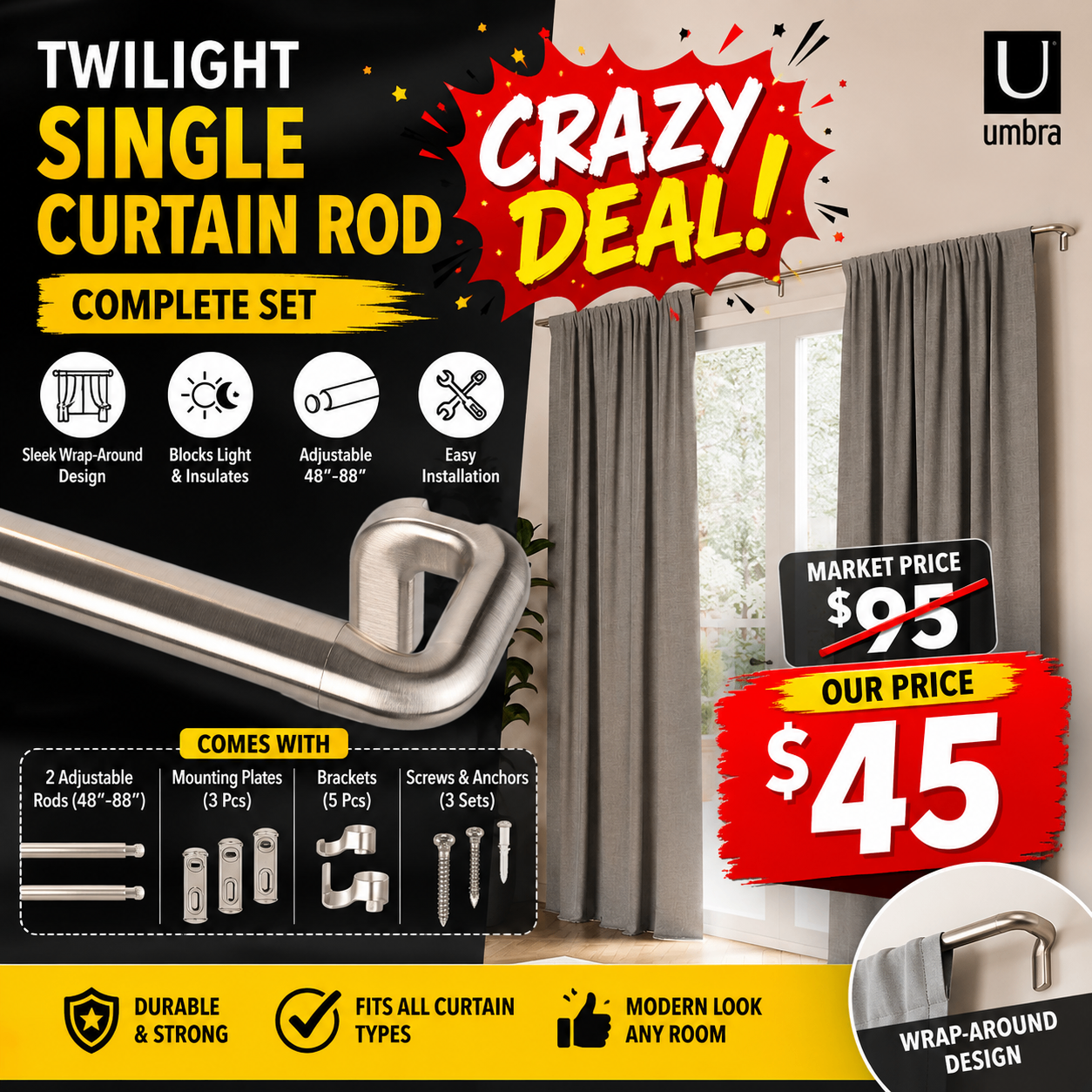 Umbra Twilight Wrap-Around Curtain Rod 48"-88" |