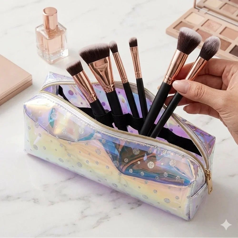 Iridescent Semitransparent Polka Dot Makeup Brush Bag New
