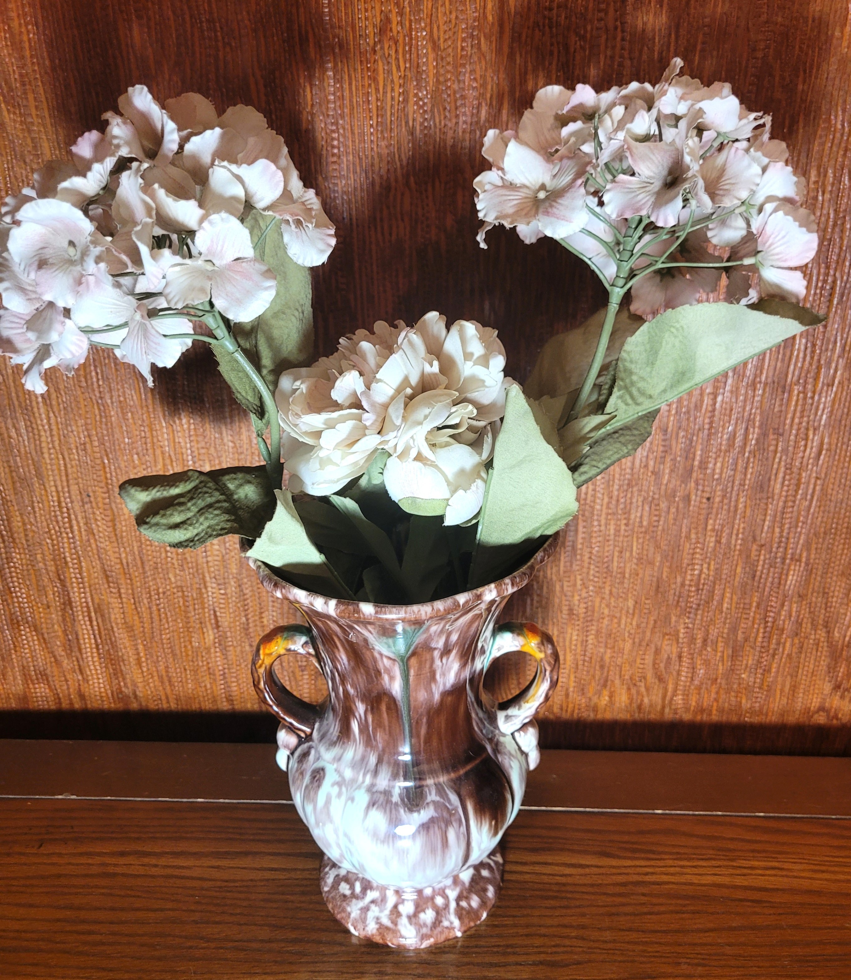 1970 Double Handled Drip Glaze Ceramic Vase Floral Arrangement - photo 2