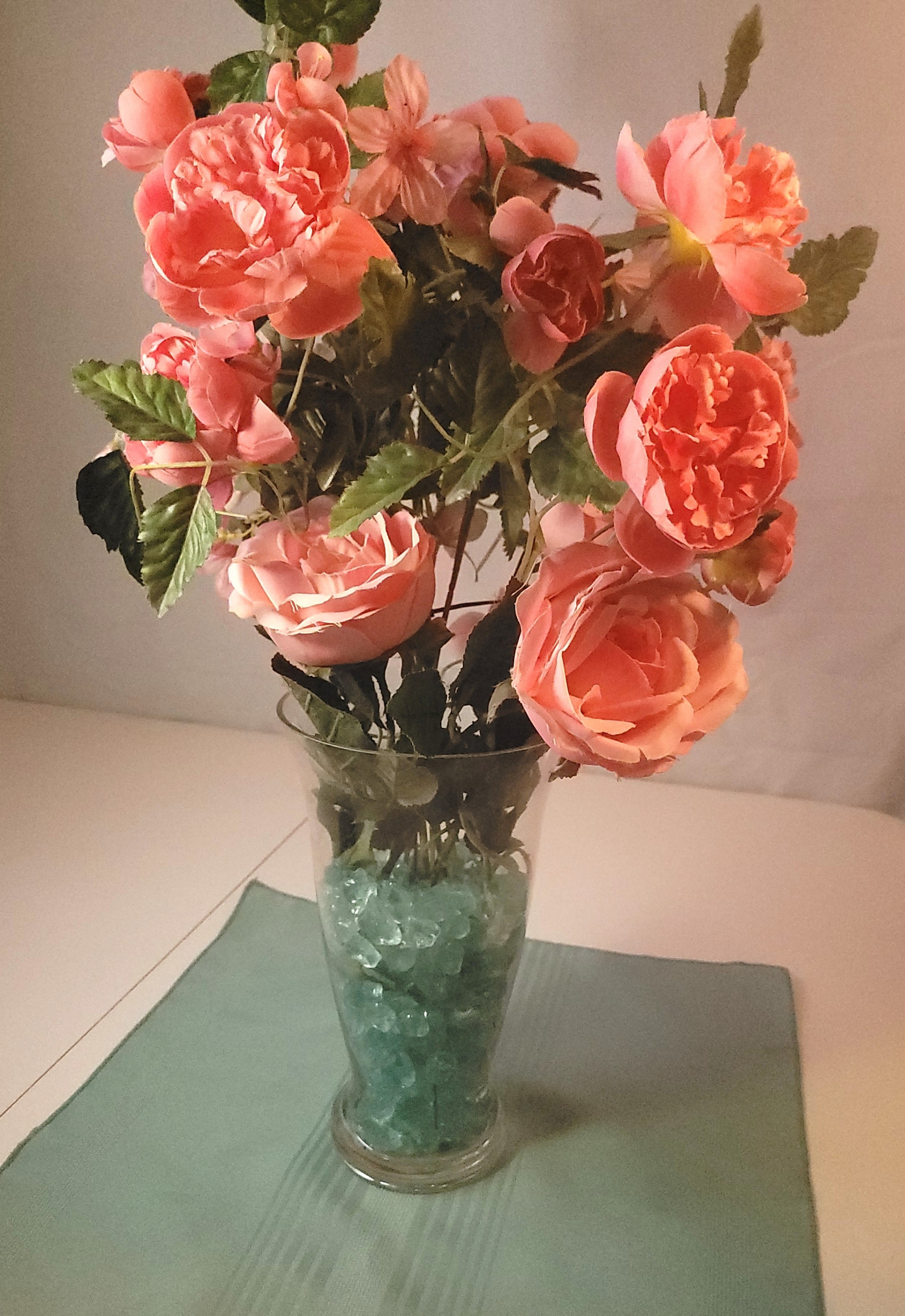 Large Pink Peony Floral Arrangement Clear Glass Vase Sea Glass