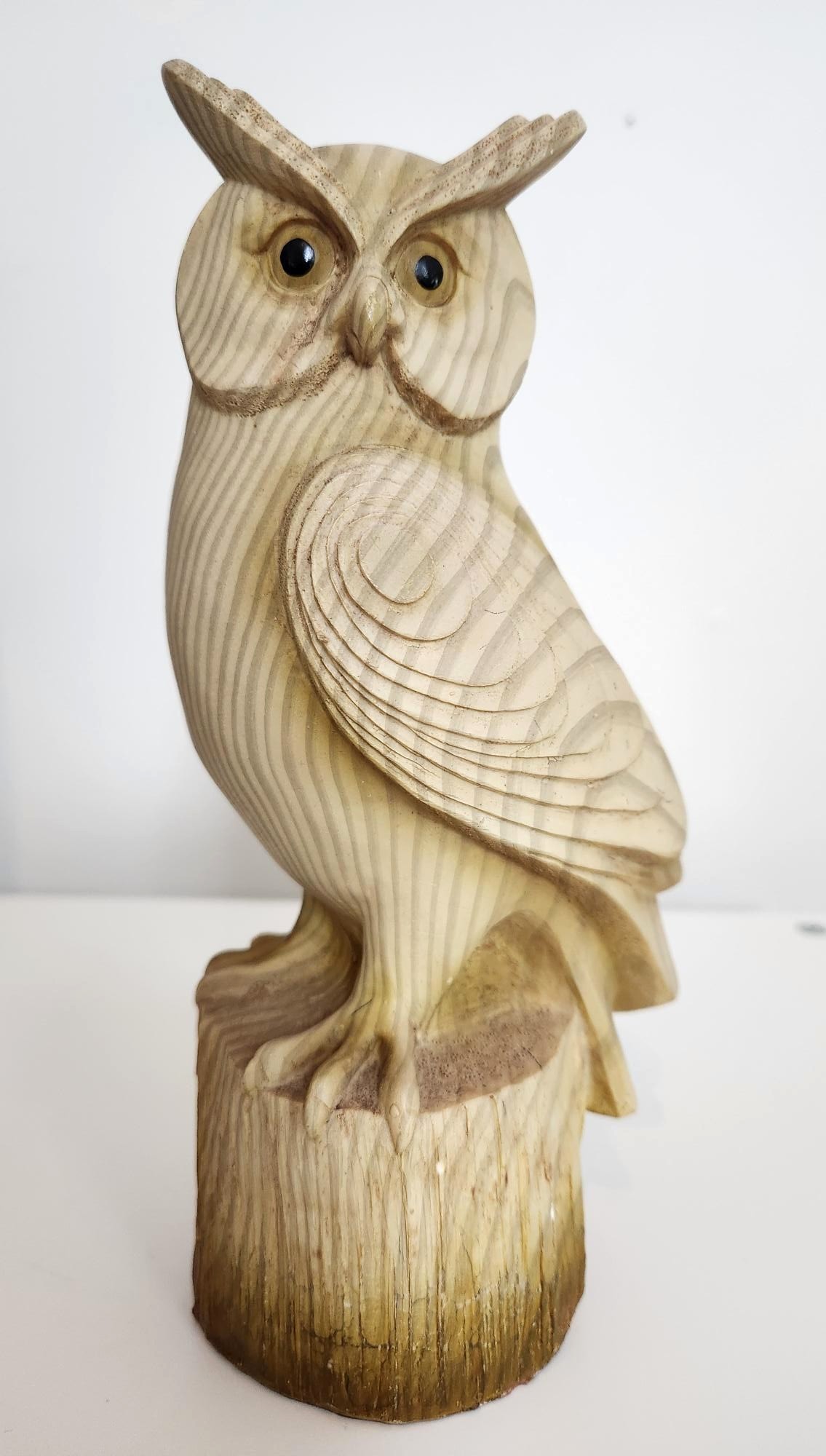 Great-Horned Owl Figurine on Stump - "Carved Wood Appearance"