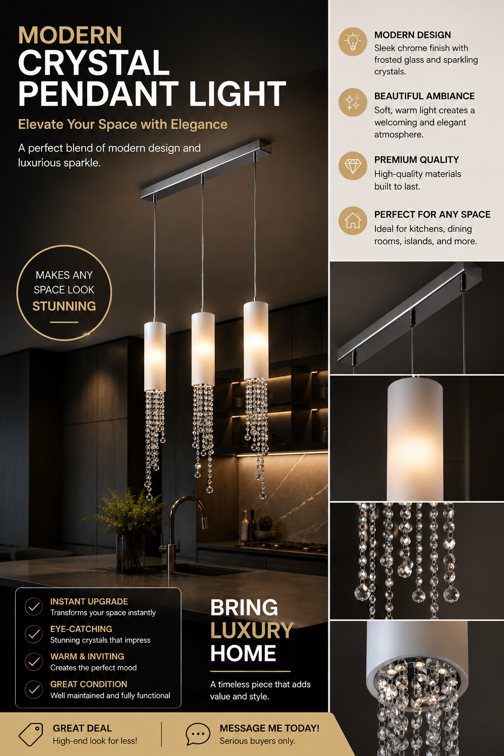BRAND NEW  Kuzco Modern Crystal Pendant Light Chrome  Opal Glass