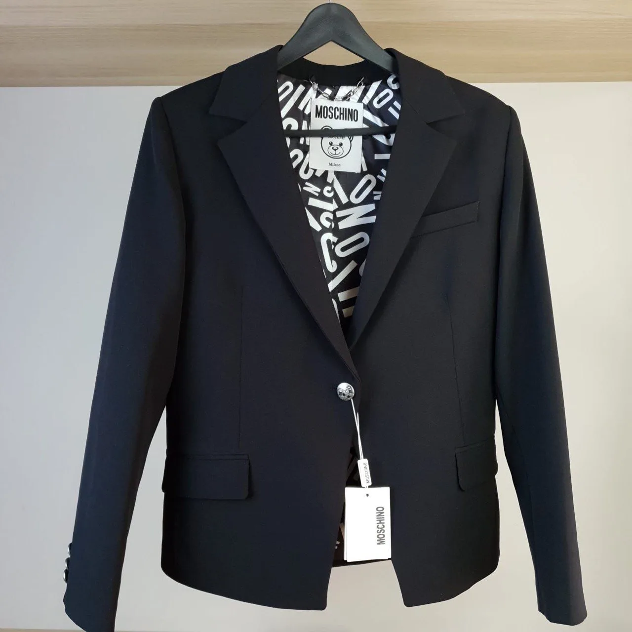 Moschino Black Blazer Clear Crystal Rhinestone Logo Size L - photo 2