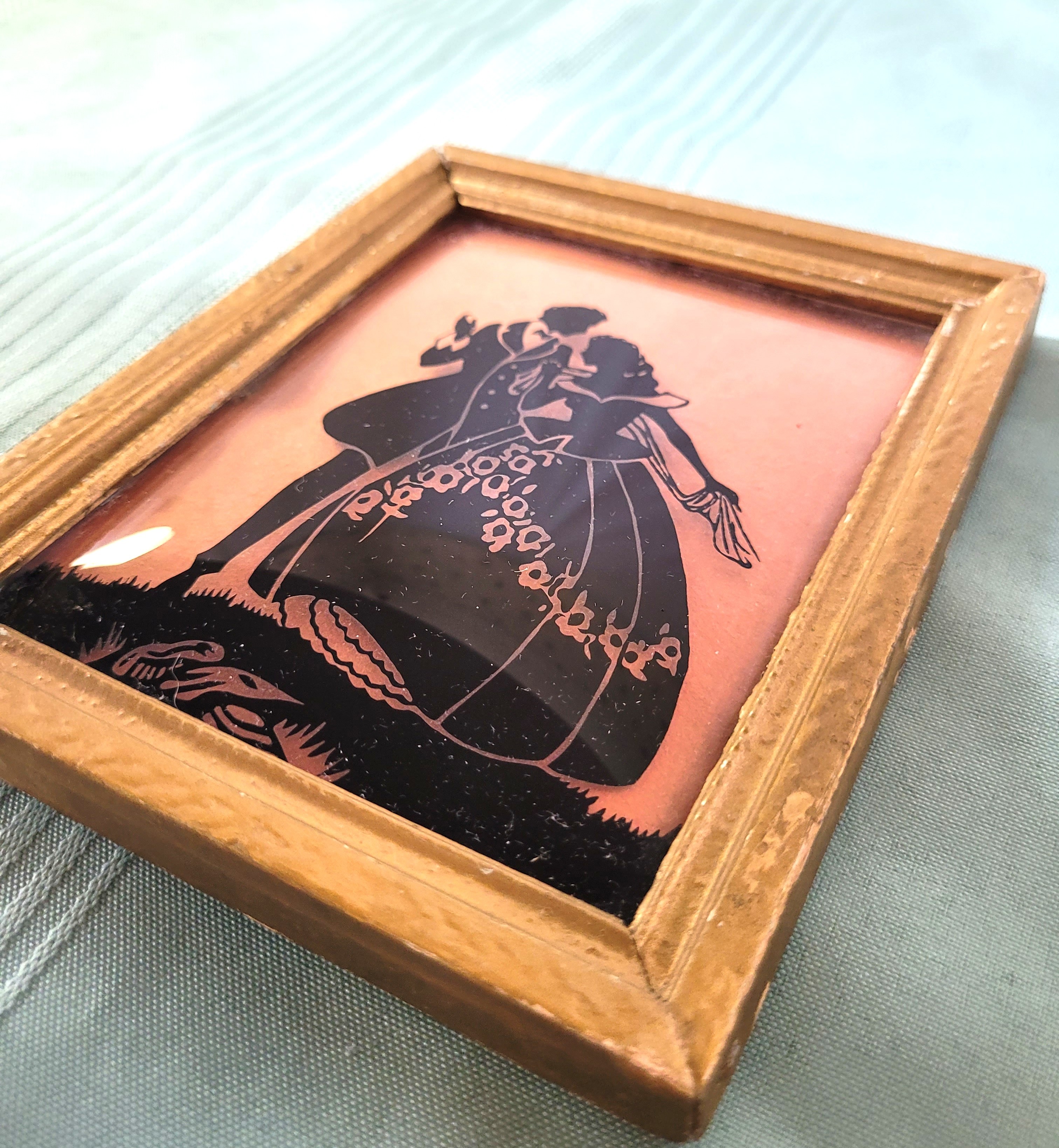 1930s Silhouette Reverse Glass Painting Pair Gold Framed - photo 4