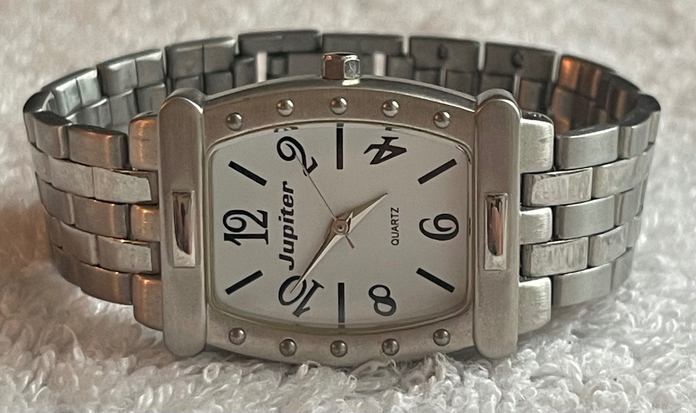 Vintage Jupiter Silver Studded Tonneau Watch (Needs Battery)