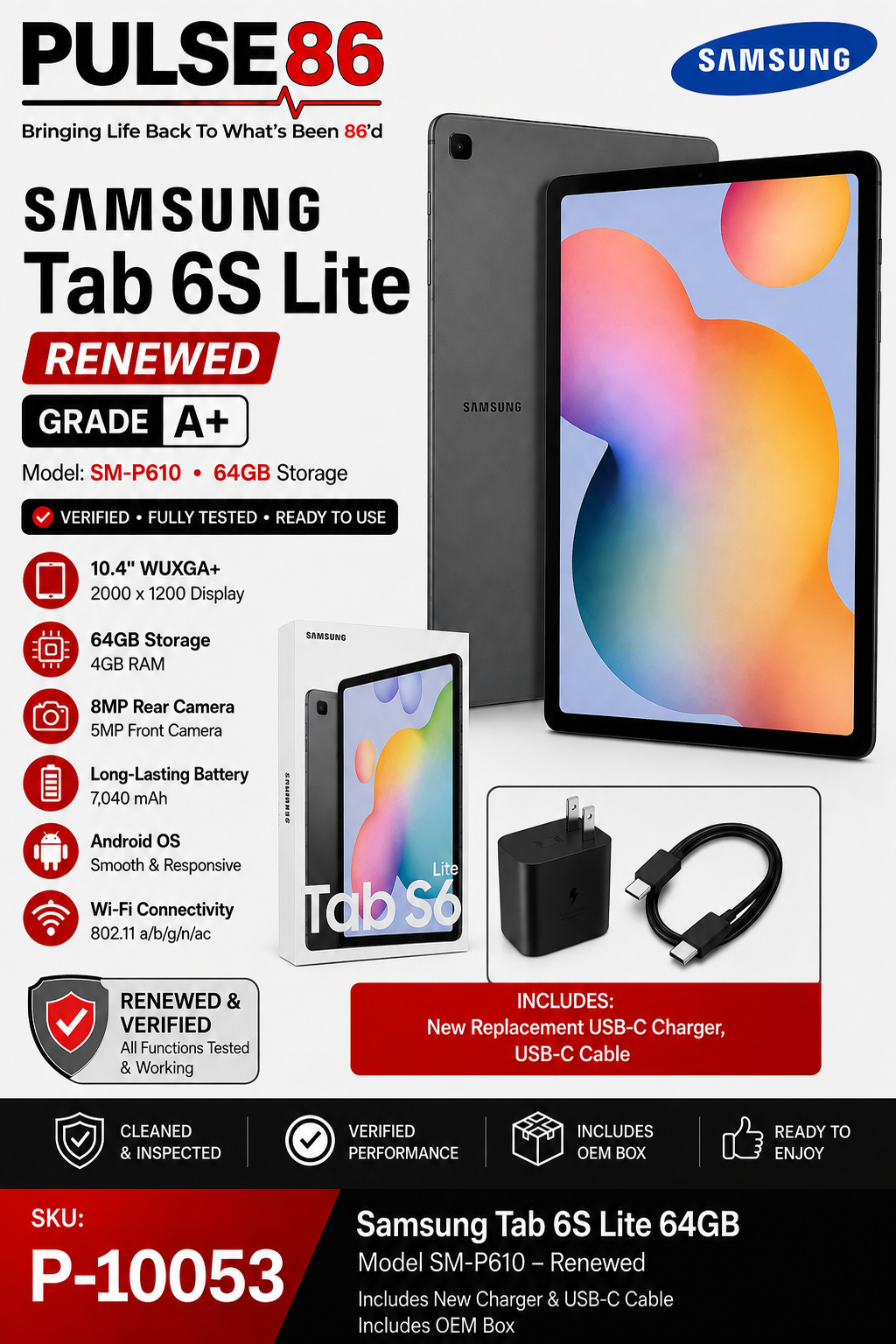 Samsung Galaxy Tab S6 Lite 10.4" (64GB) Wi-Fi – Renewed SM-P610