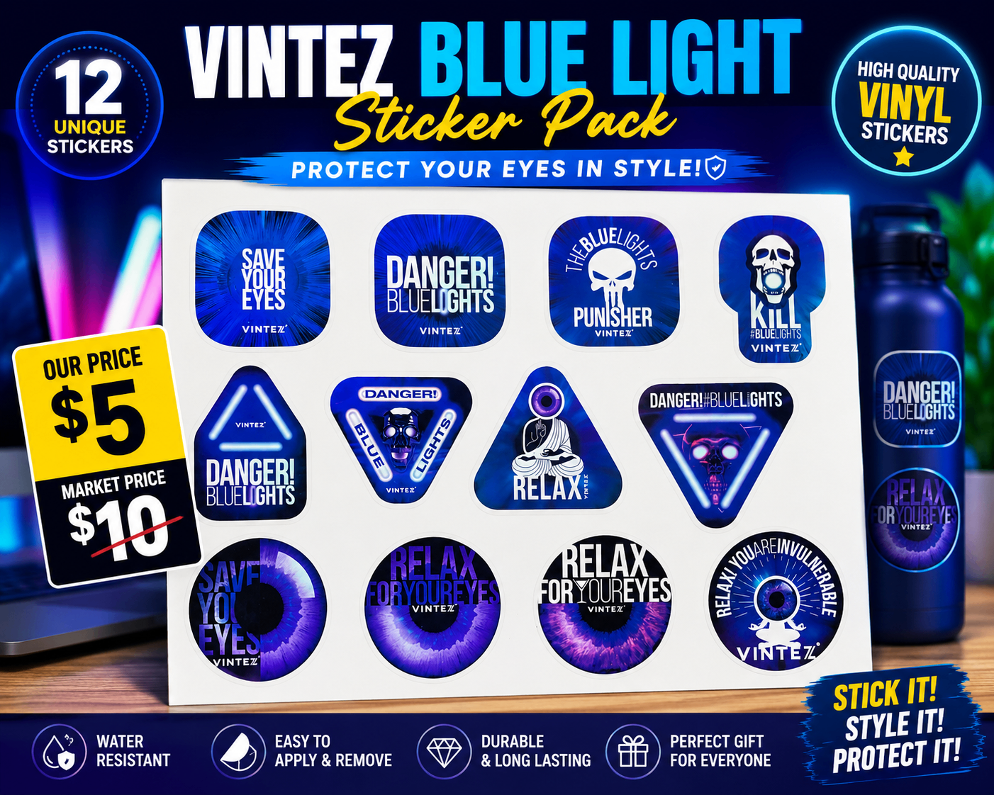 Vintez Blue Light Warning Vinyl Sticker Pack |