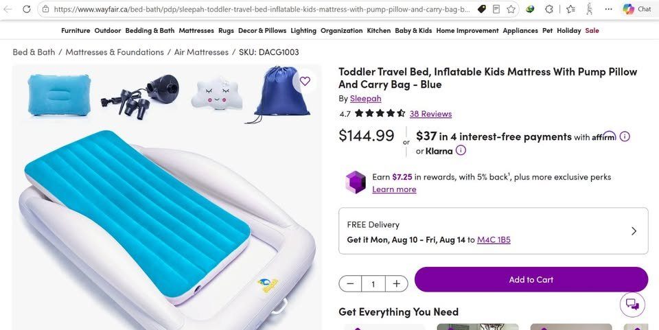 NEW Sleepah Inflatable Toddler Travel Bed, Air Mattress + Pump - photo 5