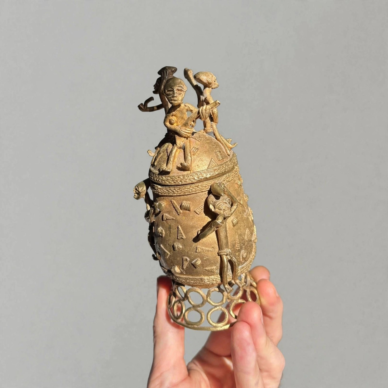 African Brass Kuduo Vessel Lidded Figural Cast Tribal Art - photo 4