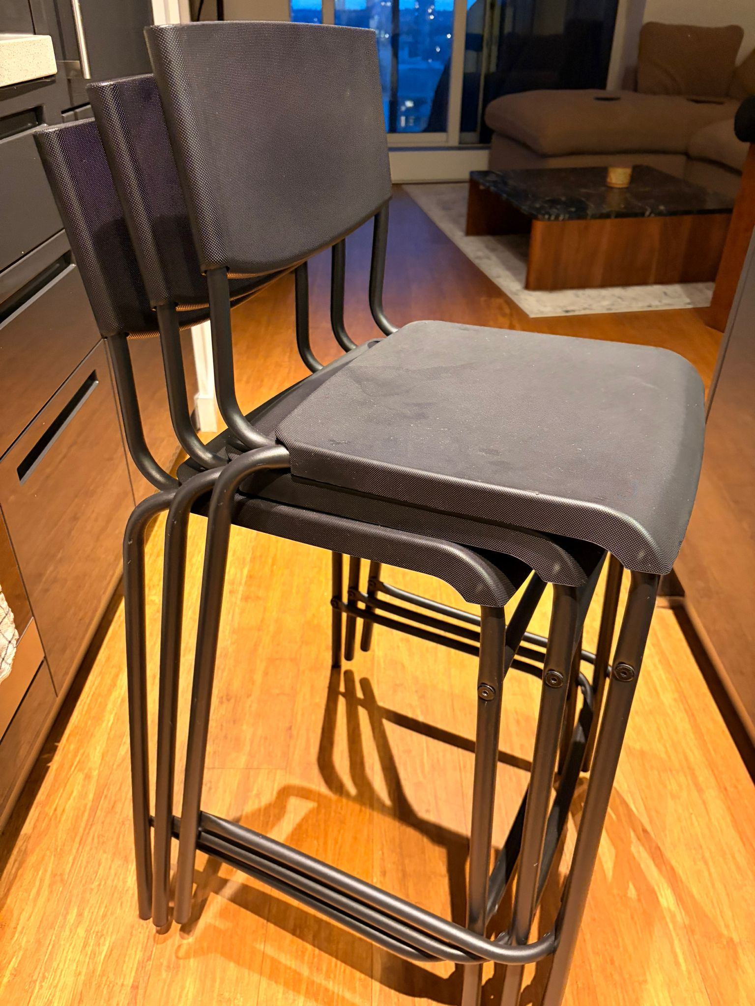 Set of 3 Stackable Counter-Height Stools - Black Metal & Fabric - photo 3