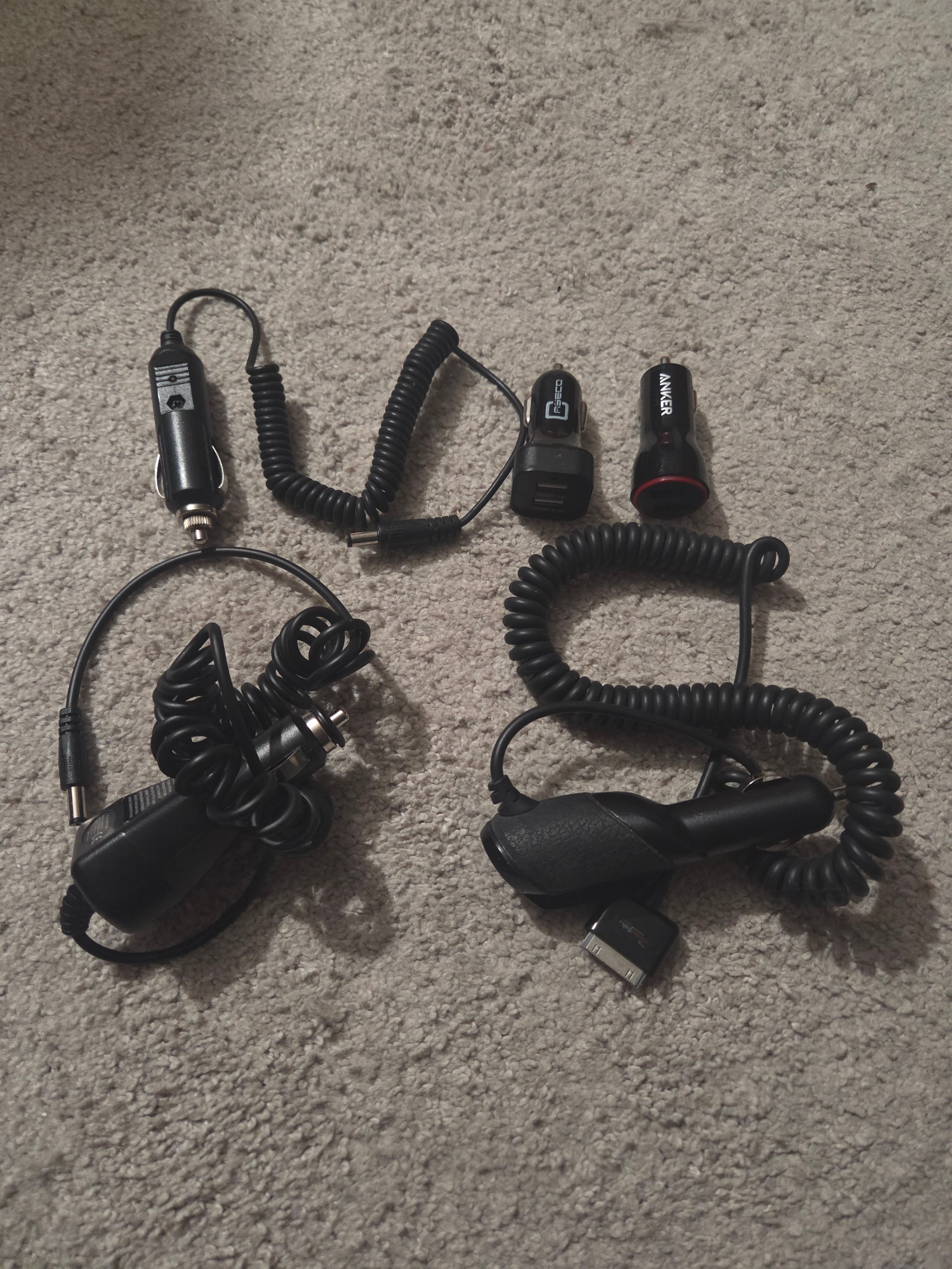 5 Car Charger Adapters (Dual USB, 12V DC Barrel Plug, Apple 30-P