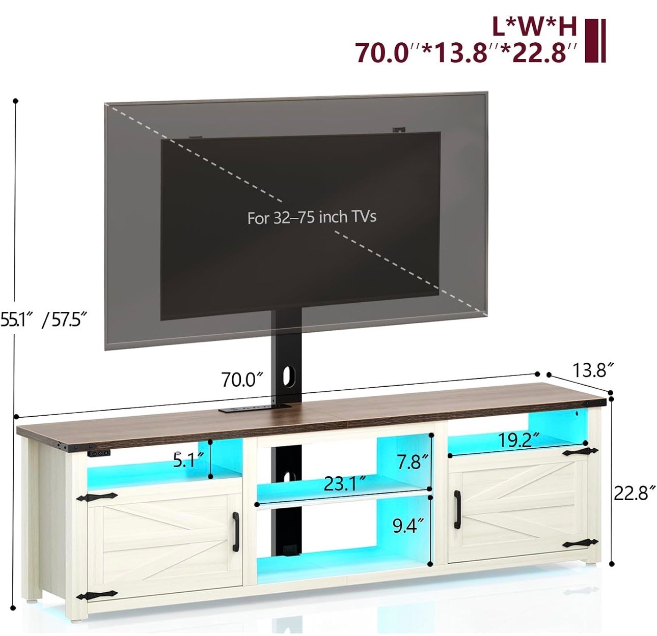 NEW: TV Stand with Mount Charging & LED Lights Storage Up to 70" - photo 3