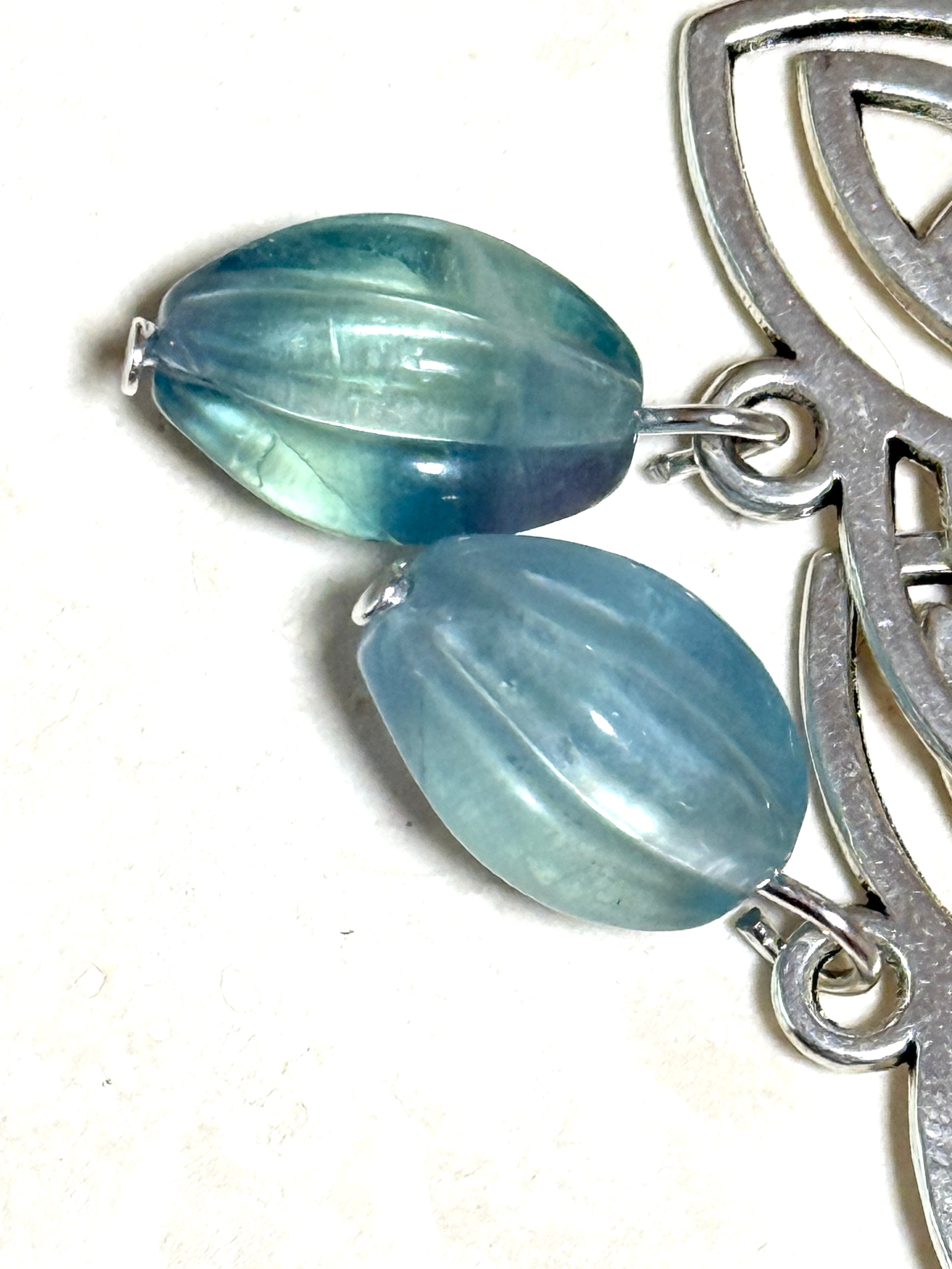 Teal Fluorite Triqueta Earrings, Sterling Silver Hooks - photo 3