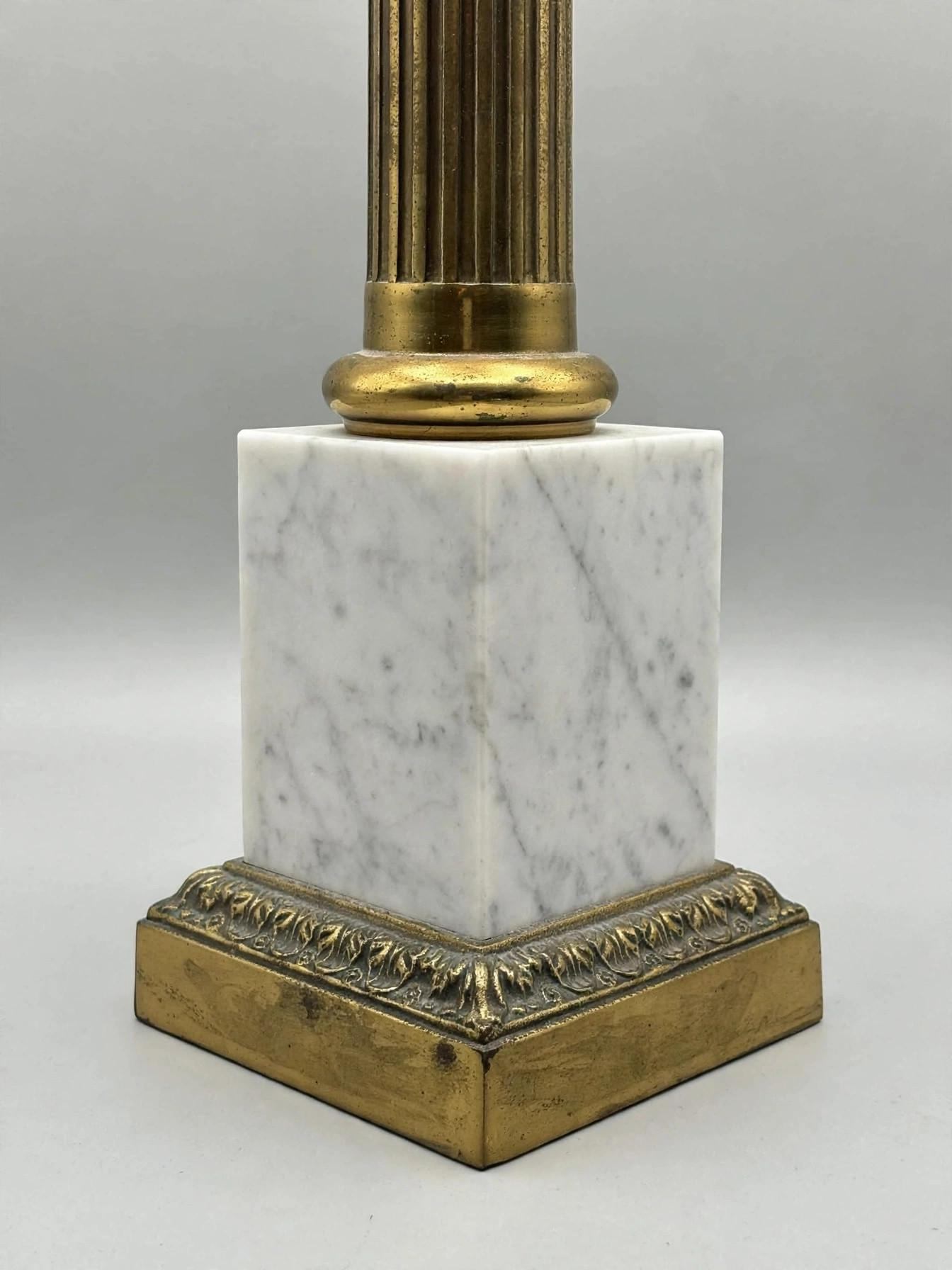Hollywood Regency Brass Marble Column Table Lamp Pleated Shade - photo 4