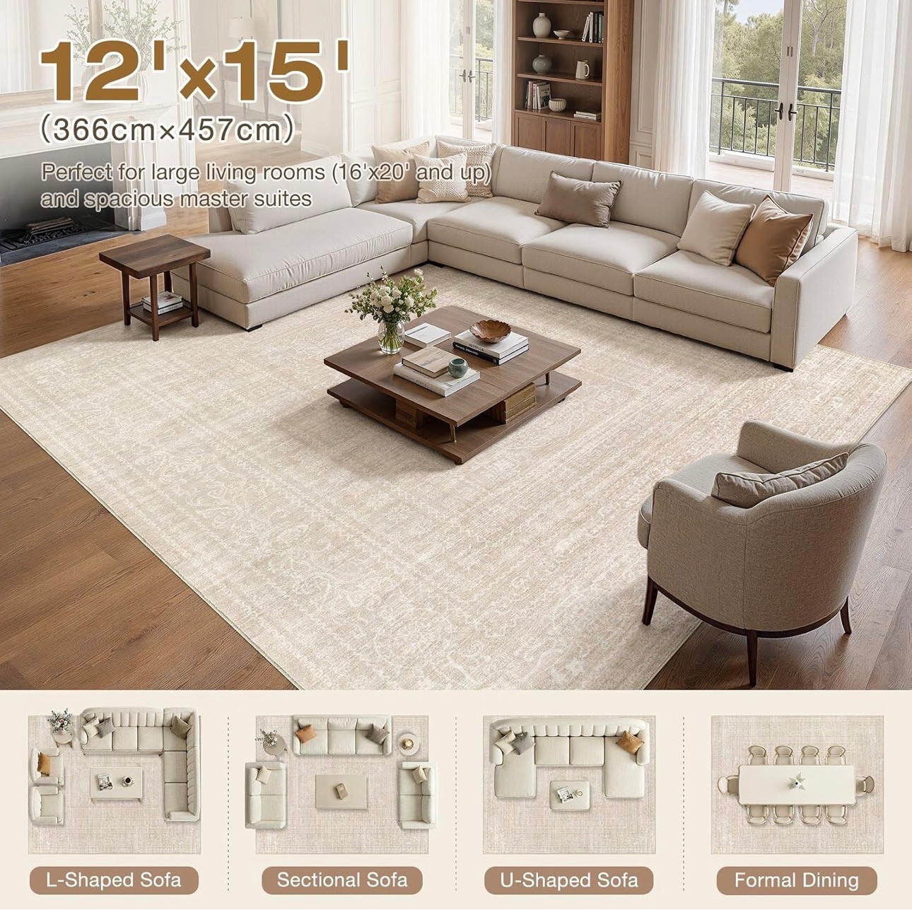 Neutral 12x15' Area Rug Washable Soft Low-pile Carpet - photo 5