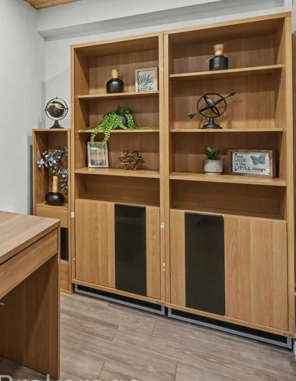 Two Tall Oak Wood Bookcases with Lower Cabinets