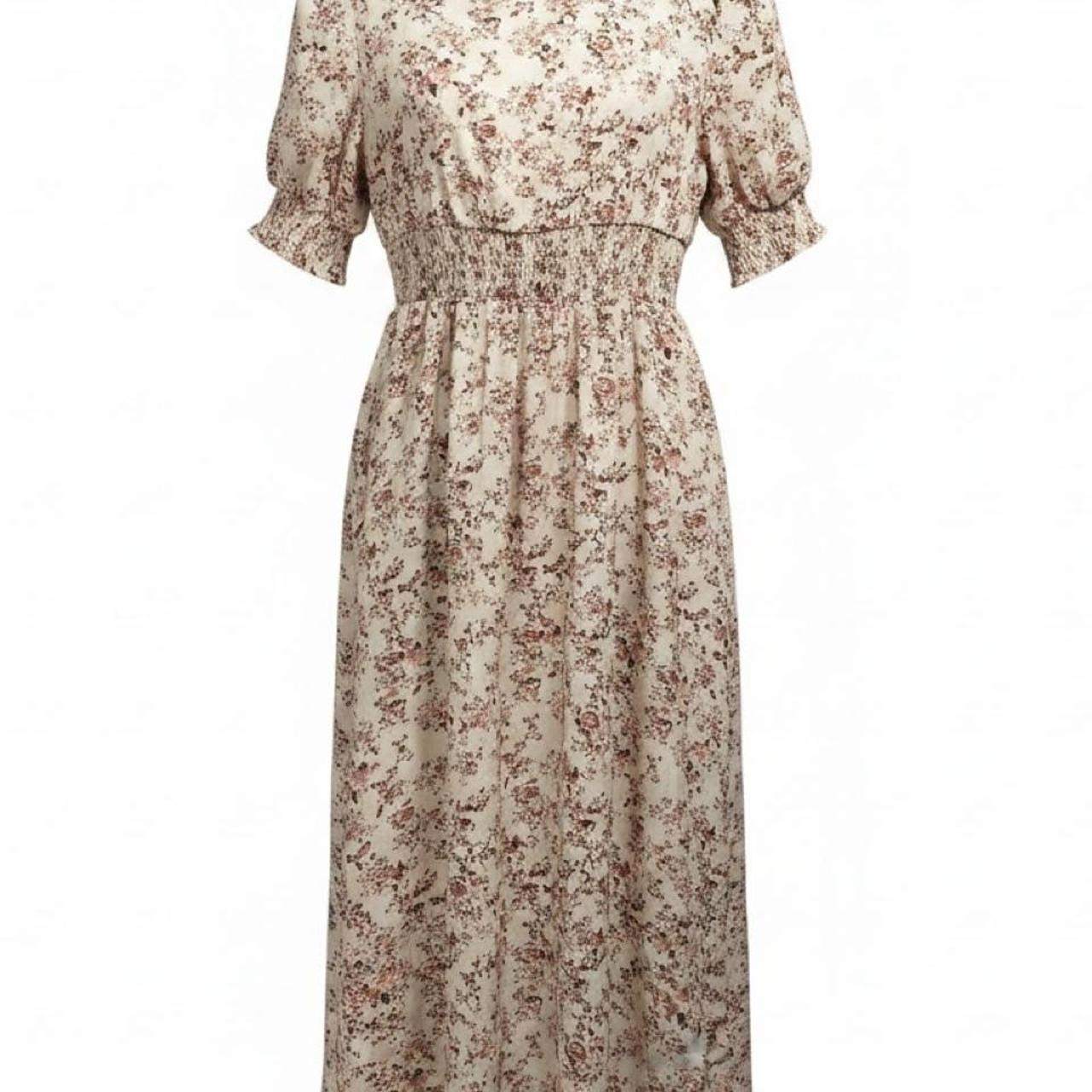 Brown Floral Midi Dress Smocked Waist – Size S – Brand New - photo 2