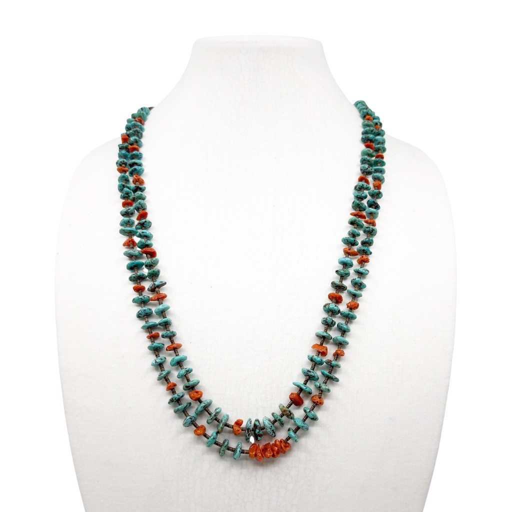 Old Navajo Turquoise Coral Heishi shell bead necklace