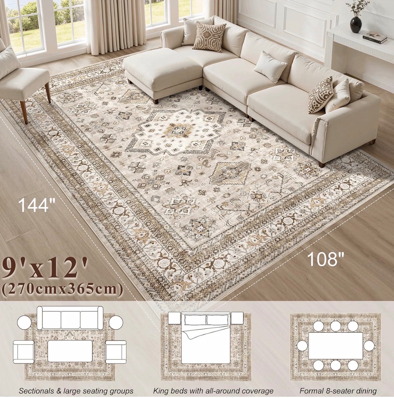 9x12' Area Rug Washable Soft Distressed Oriental Design