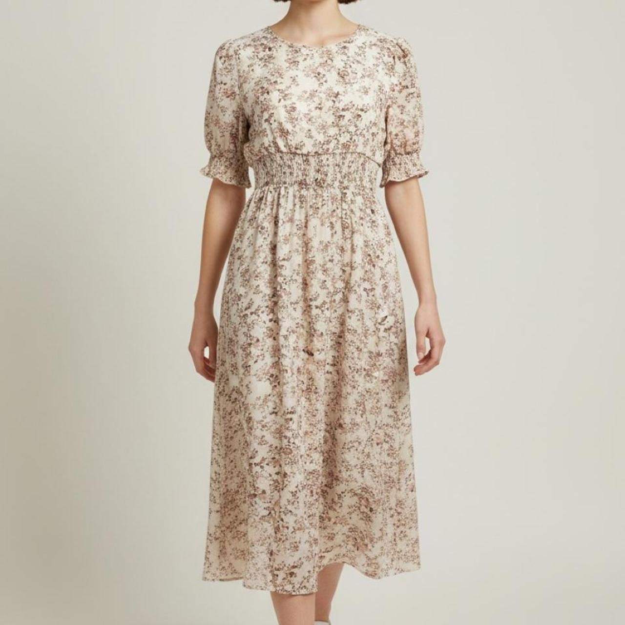 Brown Floral Midi Dress Smocked Waist – Size S – Brand New