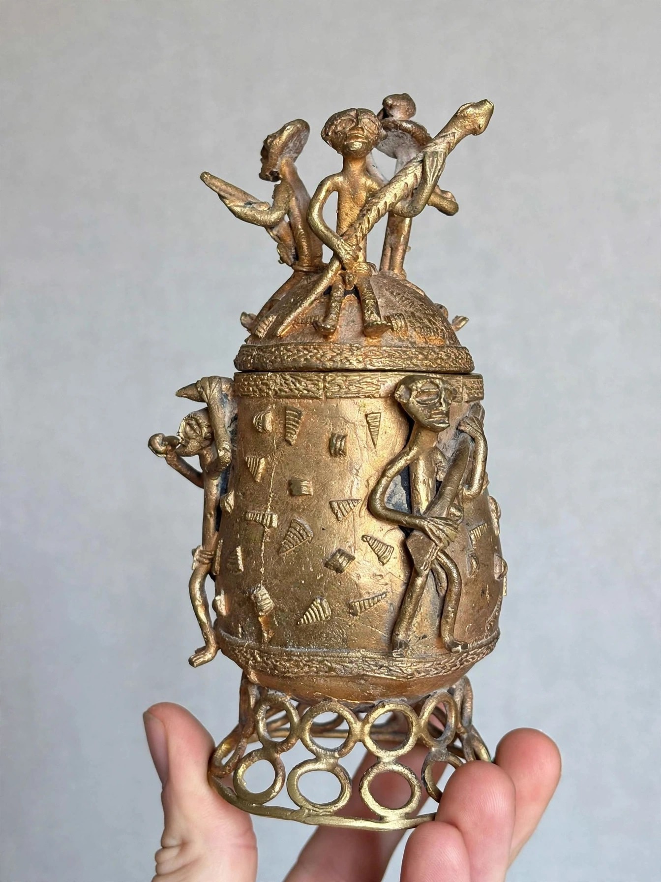 African Brass Kuduo Vessel Lidded Figural Cast Tribal Art