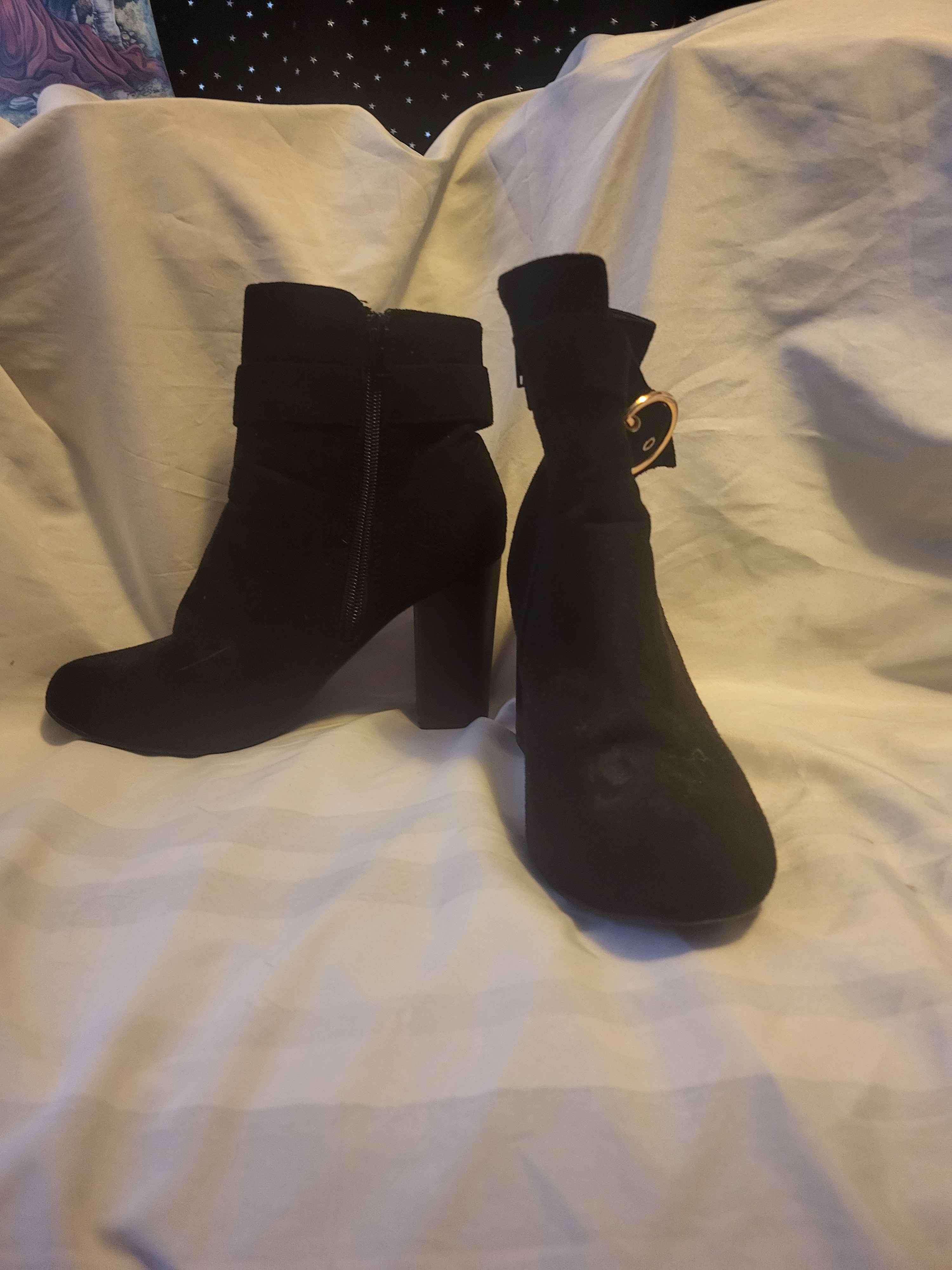 Heeled Suede Boot W/ Faux buckle