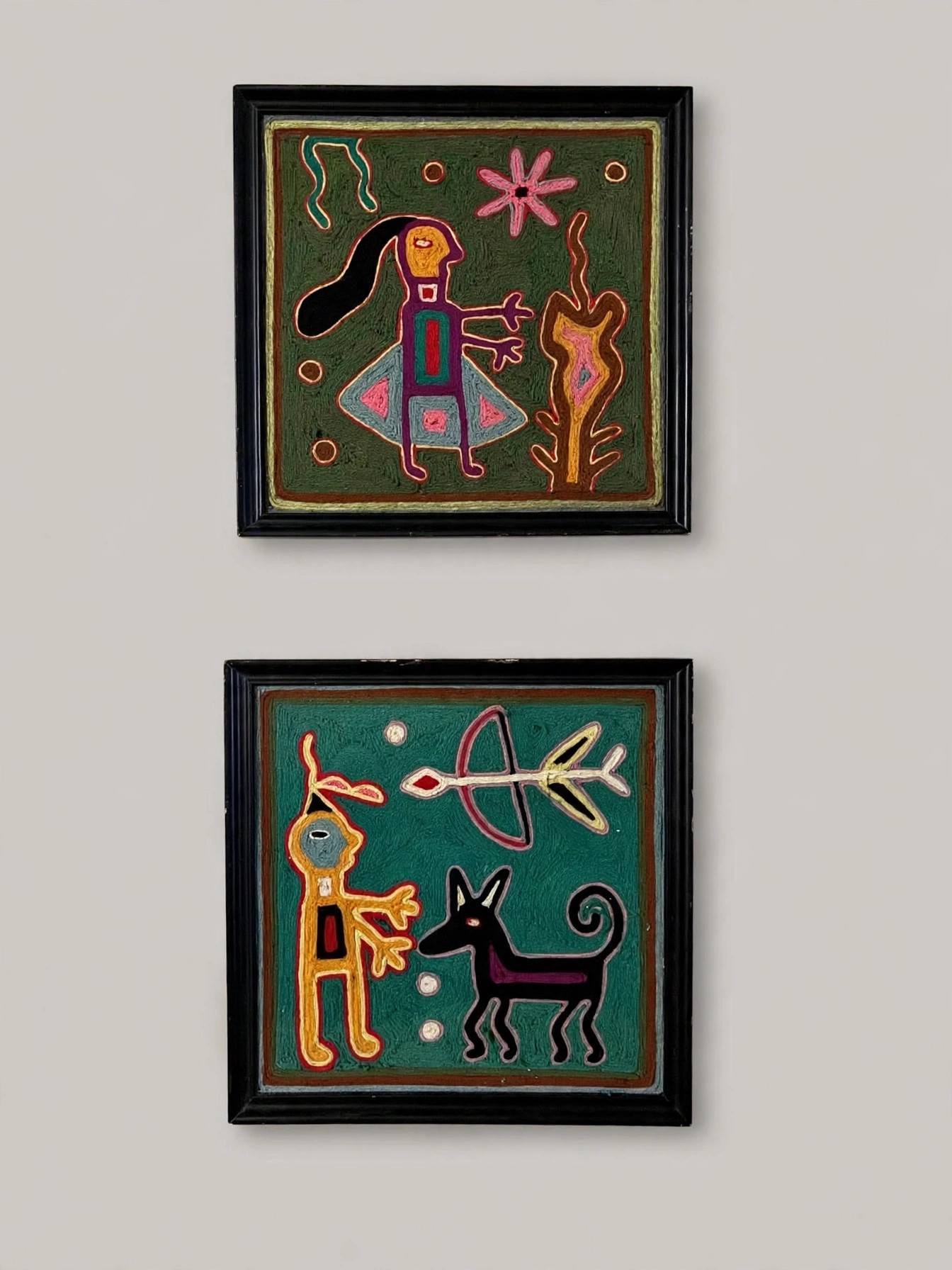 Traditional Huichol Yarn Paintings Pair Framed Folk Art Beeswax