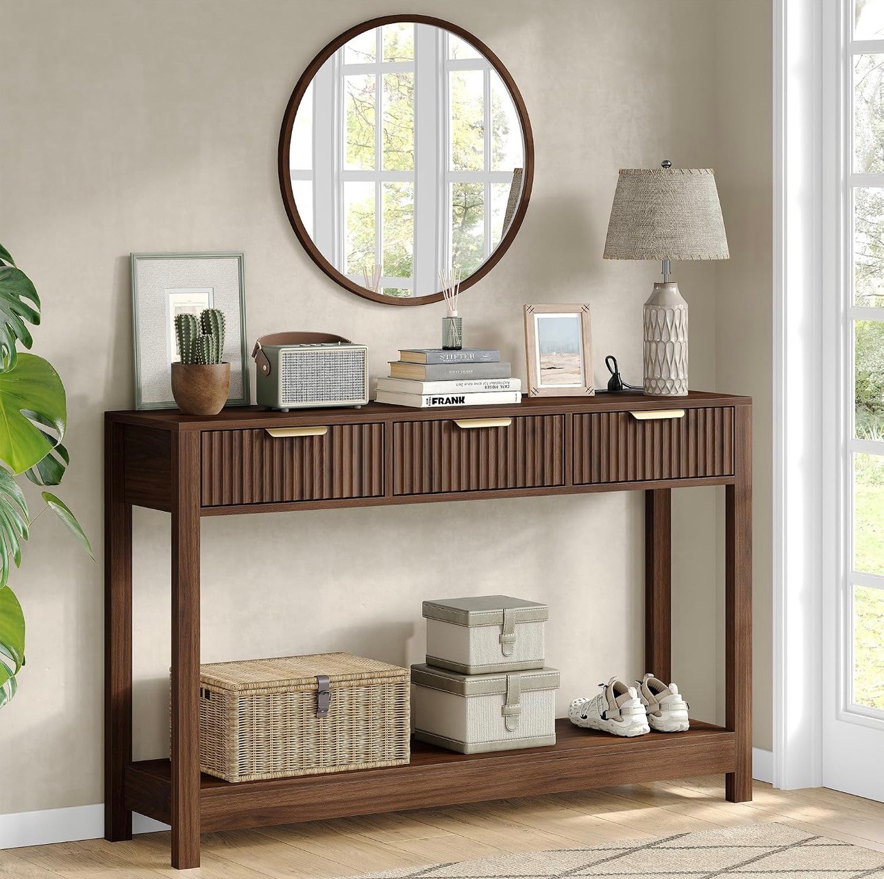 SEALED: Wood Table 3 Drawers Curved Profile Storage Shelves - photo 2